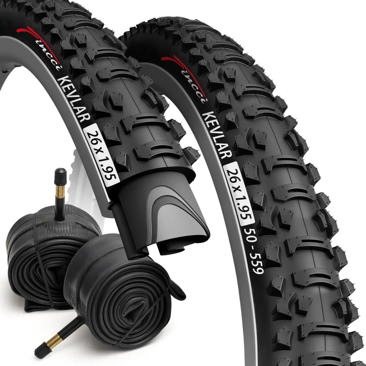 Fincci Cubiertas MTB 26 x 1.95 Pulgadas con 2X Camara de Aire Schrader 50-559 - Neumáticos Plegable 26" para Niños, Adolescentes y Adultos, Montaña, Eléctrica, Mountain Bike y Bicicleta Carretera