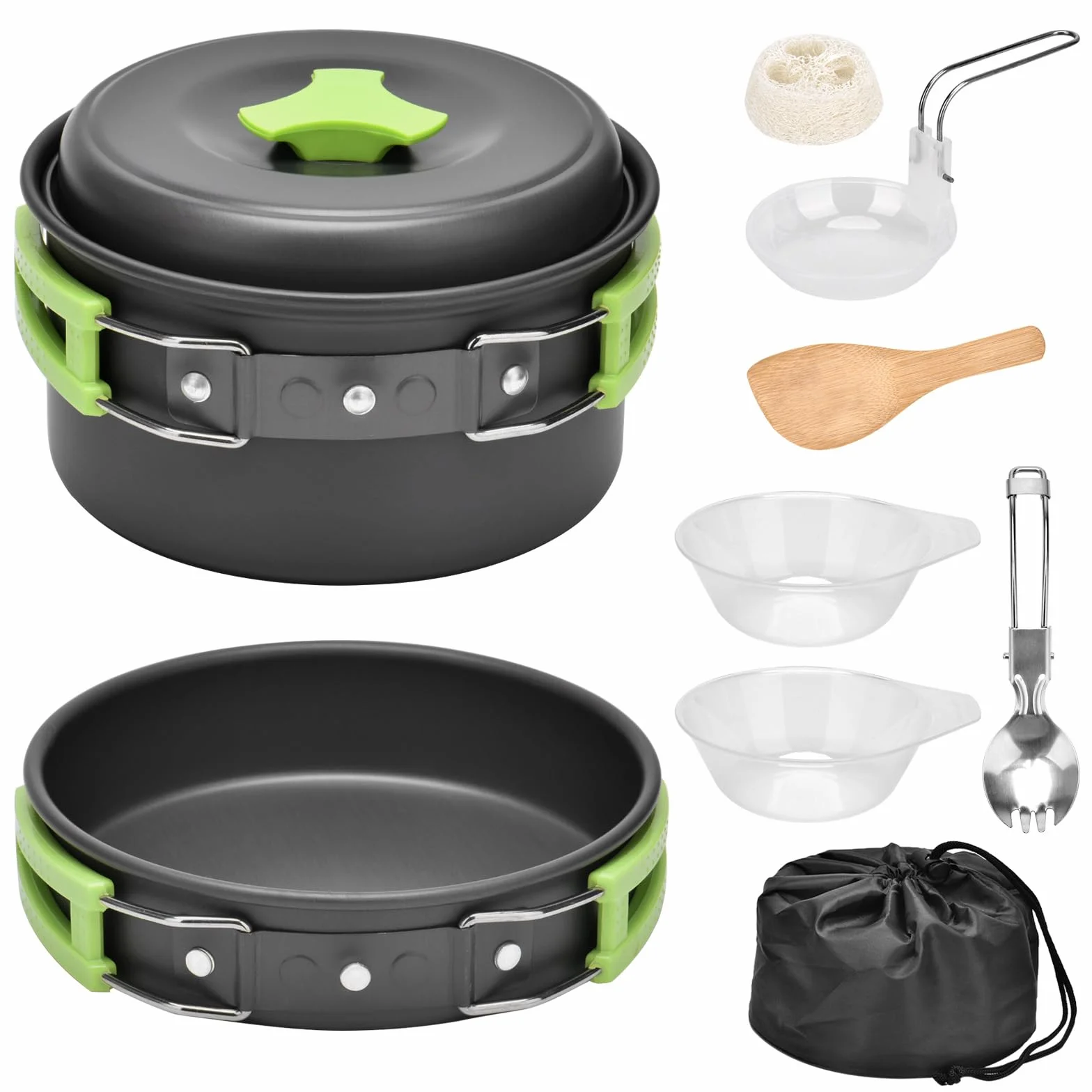 Qtiwe Juego de vajilla de Camping, Camping Cookware Outdoor Libre, Camping Utensilios de Cocina Plegable de 10 Piezas para Senderismo, Picnic, Barbacoa, Certificado por la FDA