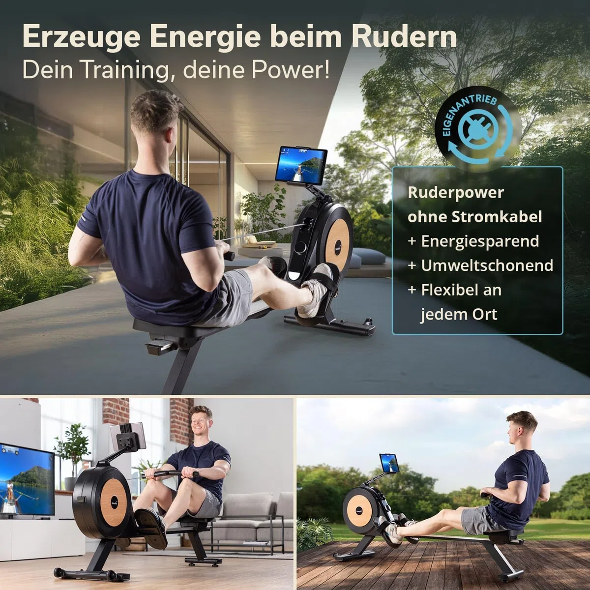 Skandika Njord P6-G Máquina de Remo para casa autogenerada| 32 Niveles de Resistencia eléctrica, hasta 200 cm y 135 kg, Compatible con la App Kinomap