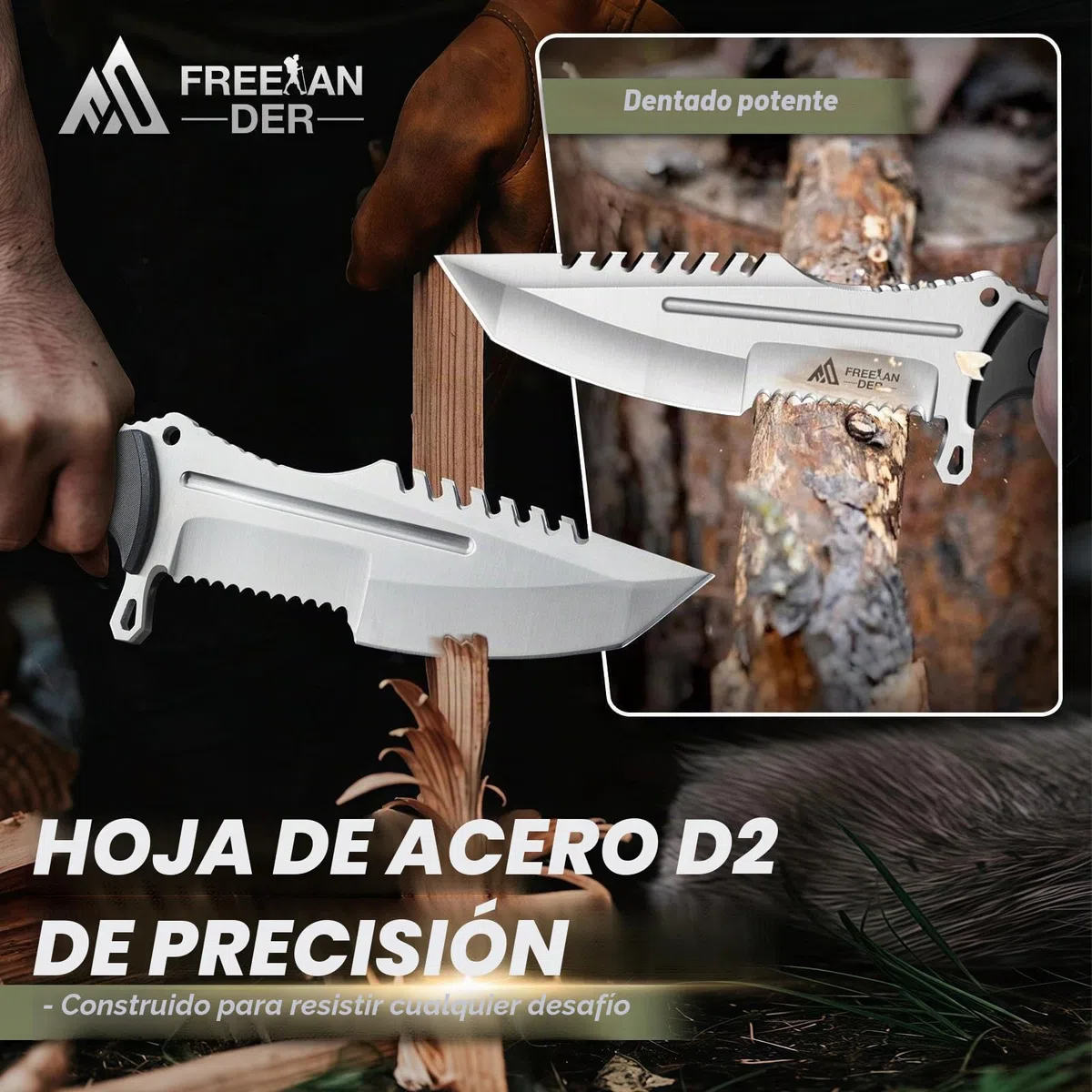 Freelander Cuchillos de Supervivencia Hoja Fija Acero D2 con Funda Kydex, Full Tang Cuchillos de Monte y Supervivencia, Negro