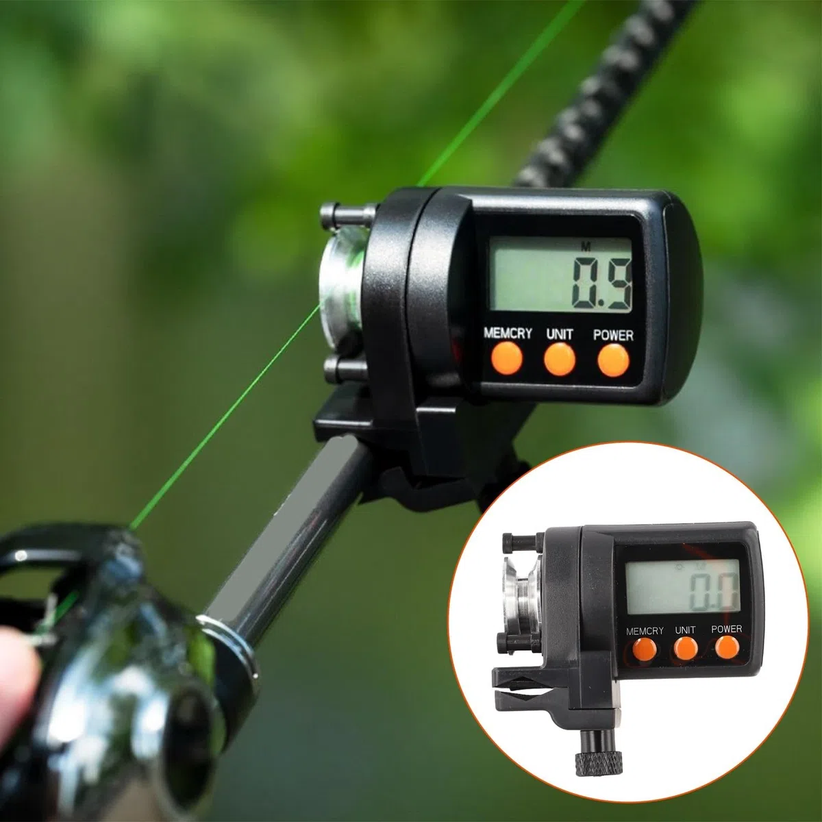 Contador digital de línea de pesca para pescadores, medición bidireccional de 199,9 m a 999,9 m, pantalla LCD ajustable, construcción de ABS + aleación de aluminio, cubo de 6 cm, 70 g