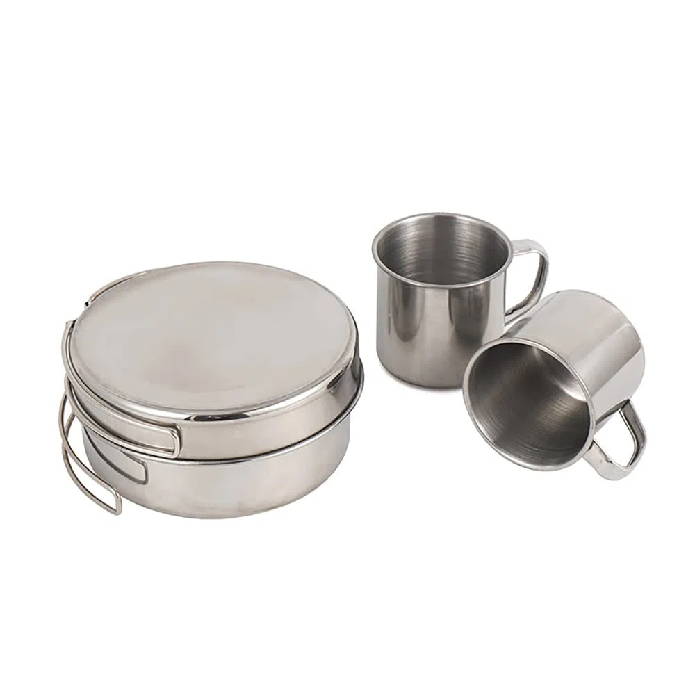 8PCS Kit de Utensilios Cocina Camping Acero Inoxidable Juego Olla y Sartén con Platos Vasos para Campamentos Excursiones Mochilería al Aire Libre