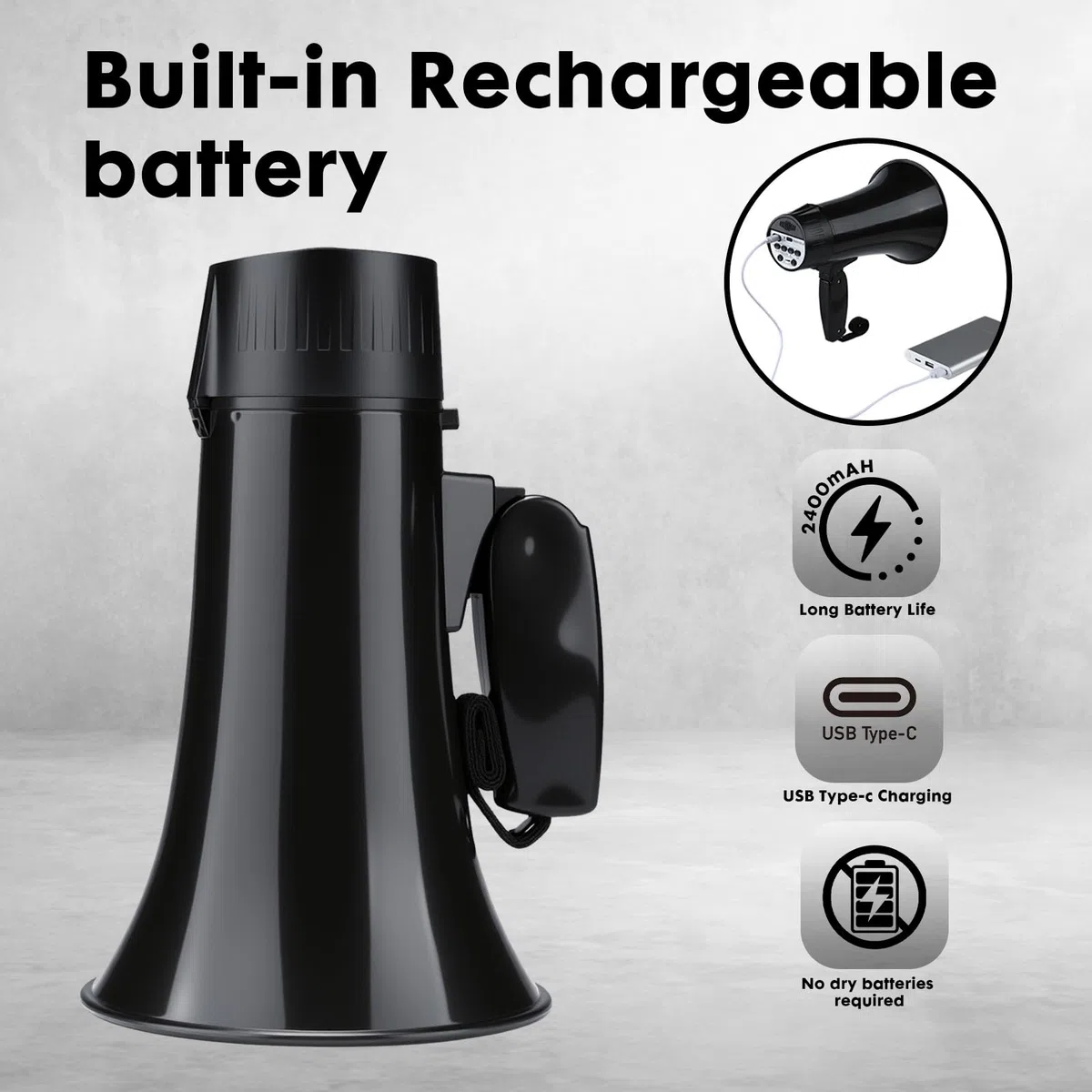 UZOCHI Altavoz megáfono megáfono recargable de 20 W, sirena y grabación de 240 segundos, mega teléfono portátil con pantalla de alimentación y correa (negro)