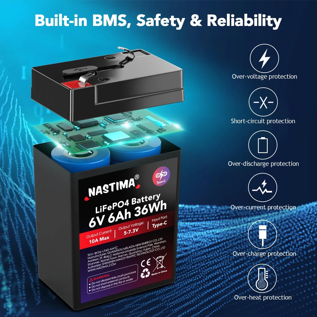 NASTIMA Batería Recargable 6V 6Ah 36Wh LiFePO4 con Protección BMS y Ciclo Profundo 2000, Carga Tipo C, Cámaras de Vigilancia, Coches de Juguete para Niños, Lanchas a Motor, Camping