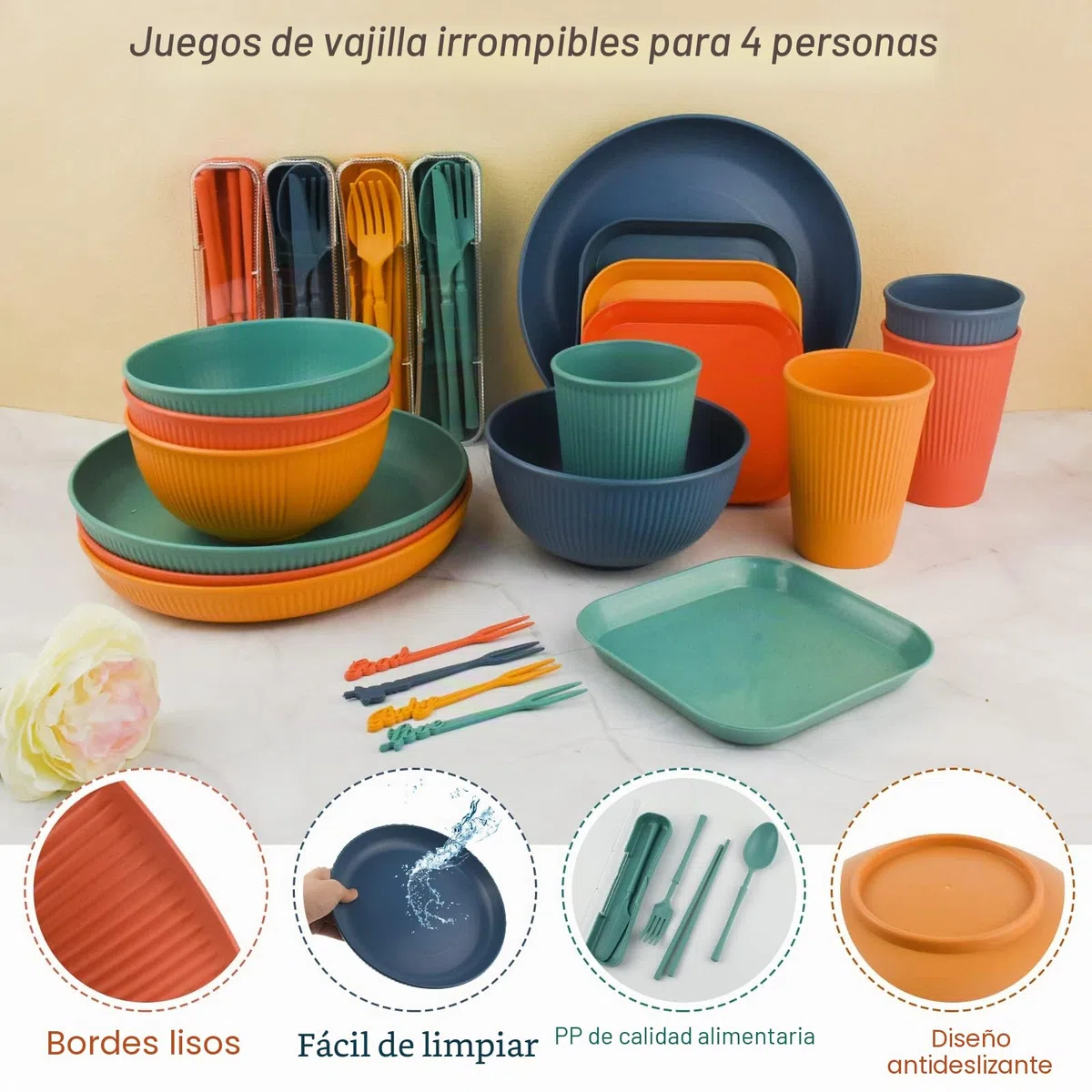 Vajilla Camping, 48 Piezas Platos Plastico Duro Reutilizables, Vajilla Picnic Contiene Plato Cuenco Cuchara Taza Cubiertos, Set Cocina Camping para Familia Al Aire Libre Viajes- 4 Personas