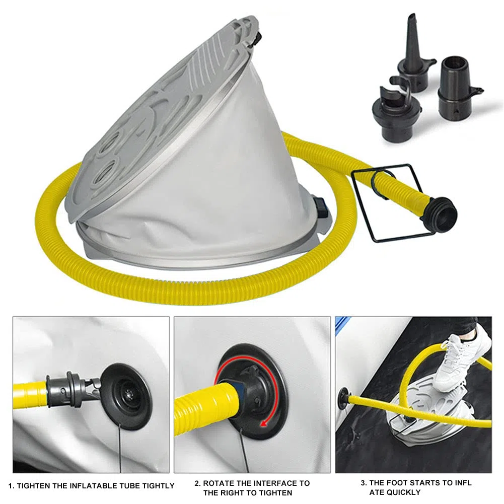 Bomba de aire de pie, bomba de pie portátil con 3 boquillas de aire de diferentes tamaños, inflado y desinflado rápidos, para barcos inflables, camas inflables, sofá inflable (gris)