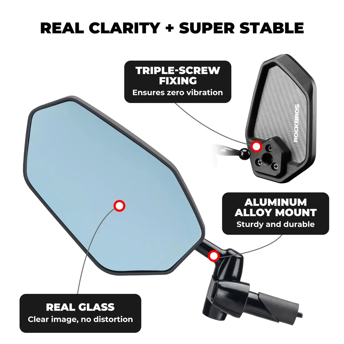 ROCKBROS Espejo Retrovisor para Bicicleta Bar End, Cristal Auténtico Antideslumbrante, Ajustable Flexible, Universal, Superficie de Espejo Extragrande, Fibra de Carbono Izquierdo