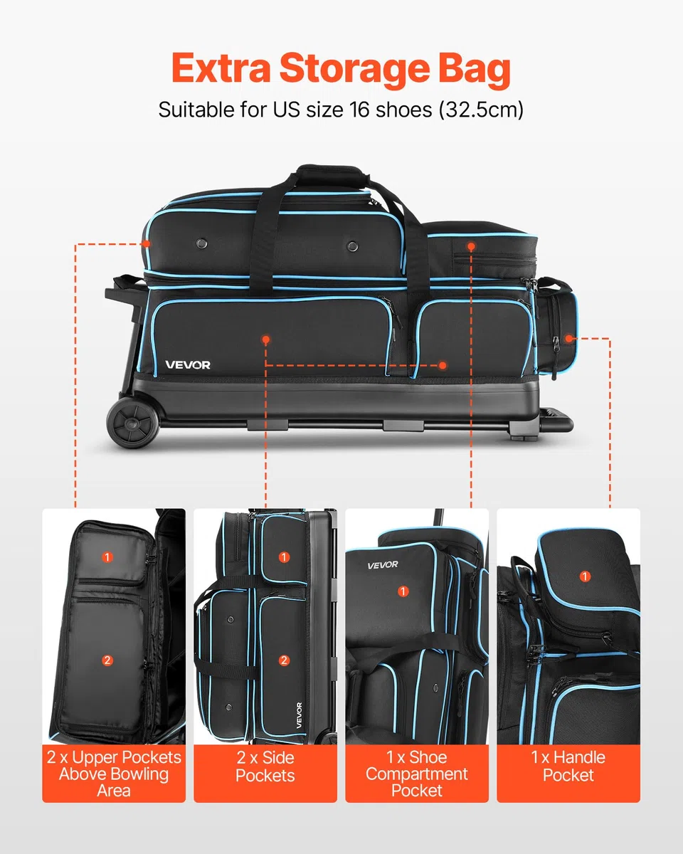 VEVOR Bolsa para 3 Bolas con Ruedas Dobles, Compartimento Separado para Zapatos hasta Talla 16 de EE. UU. y Bolsillo Extragrande para Accesorios. Asa Retráctil hasta 105 cm, 790 x 320 x 390 mm