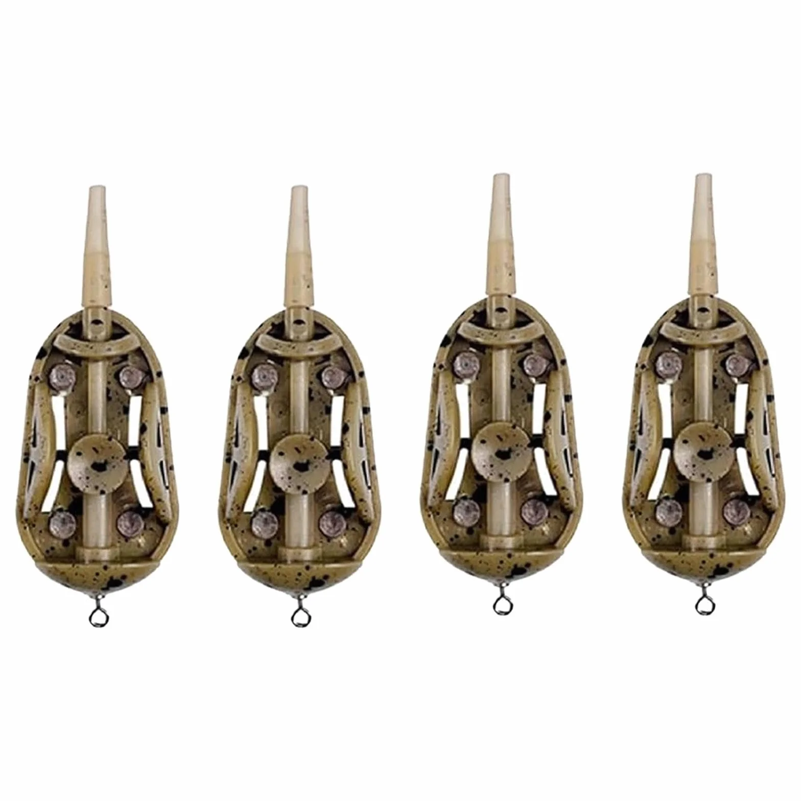 Juego de 4 comederos métodos, 20 g, alimentadores planos de liberación rápida en línea para pesca de carpa, accesorios de aparejos de cebo de pellets para agua dulce y salada de fundición de