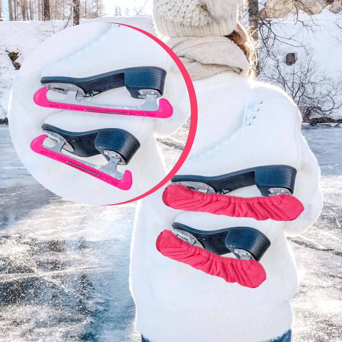 NQEUEPN Protectores Patines sobre Hielo Empapadores y Toalla Kit, Suaves Funda Cuchillas Patines Hielo Duro Protectores para Patines Accesorios para Patines Artísticos para Hombres Mujeres (Rosa)