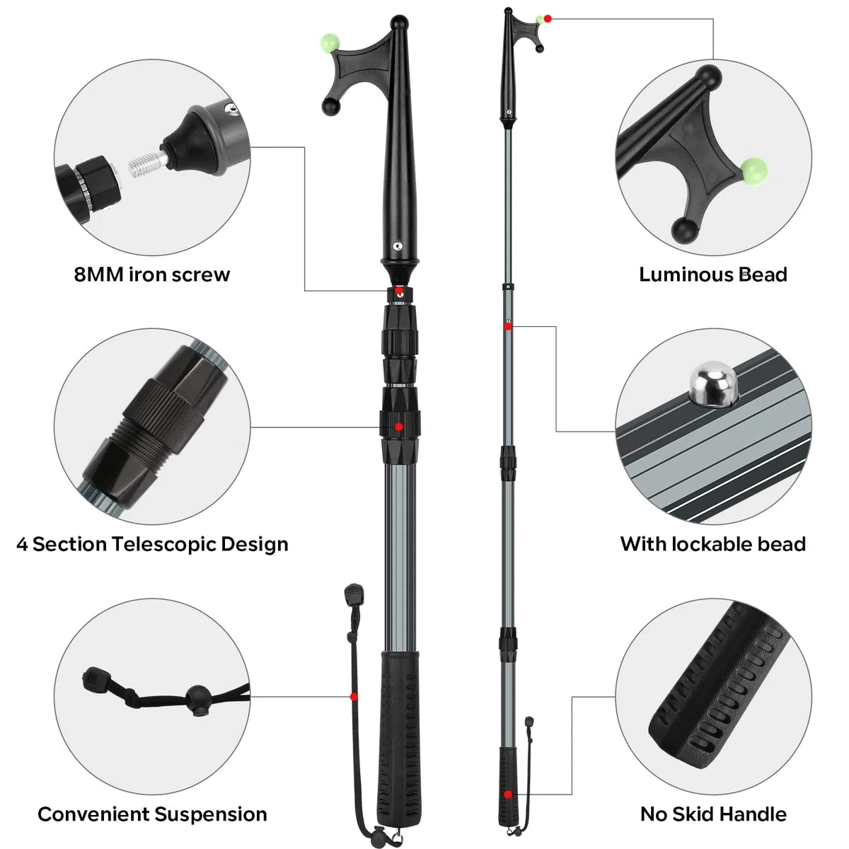 SAN LIKE Gancho para Barco Telescópico Varilla, Bicheros para Barcos con Cuentas Luminosas, Gancho Telescópico Bicheros para Barcos de Atraque Ligeros y Duraderos Boat Hook, 1,2M