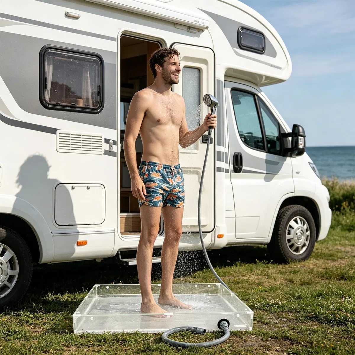 Base de ducha portátil - Bandeja de PVC plegable ďe 31,5 pulgadas, plato đe ducha para camping | Cuenca d́e agua transparente con drenaje, cordón grueso, bandeja d̄e baño compacta para RV, tienda dé c