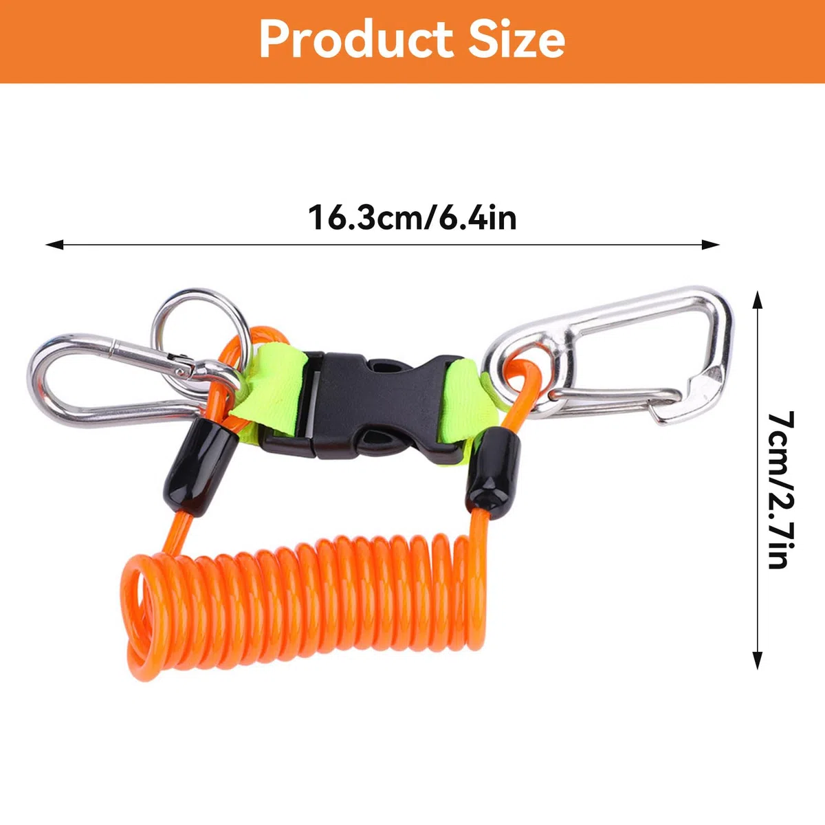 Cordón para buceo, 16,3x7cm/6,4x2,7in cordón cámara buceo de acero inoxidable, enrollado con resorte clip alta resistencia con correa y hebilla de liberación rápida para BCD, cámaras y linternas