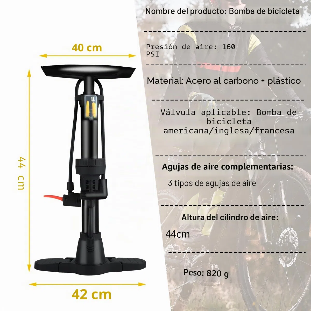 Bomba Bicicleta - Bomba de Pie con Manómetro 45cm - Material de Hierro Metálico - Alta Presión 160 PSI - Adecuada para Bicicletas de Carretera, E-Bikes, Mountain Bikes y Equipos Deportivos (Negro)
