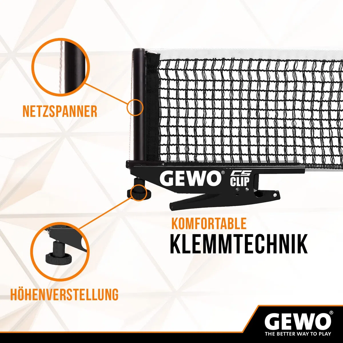 GEWO CS Clip - Red de Ping Pong para Mesa de Ping Pong, Resistente y Resistente, Juego de Metal para Sujetar con Tornillo de Ajuste de Altura y Estructura de Red Resistente, Color Negro, 152,5 cm de