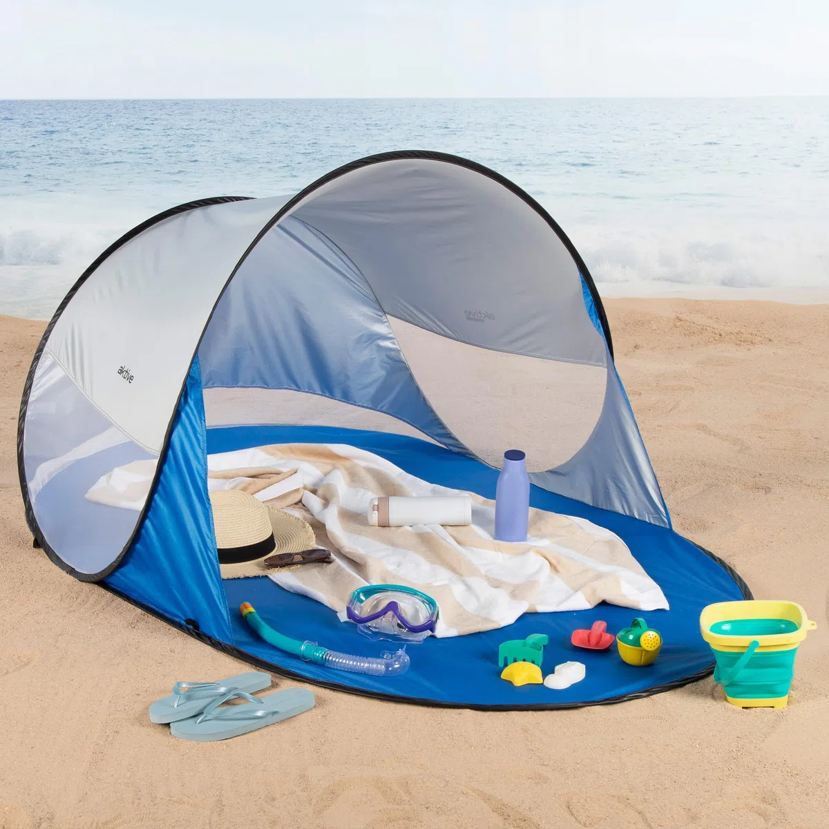 AKTIVE Tienda Playa, Pop up, 120x200x90 cm, 2 Personas, Protección UV50, Revestimiento Interior Plateado, Incluye piquetas, Columna Agua 300 mm, Bolsa de Transporte, Carpas Plegables (62322)
