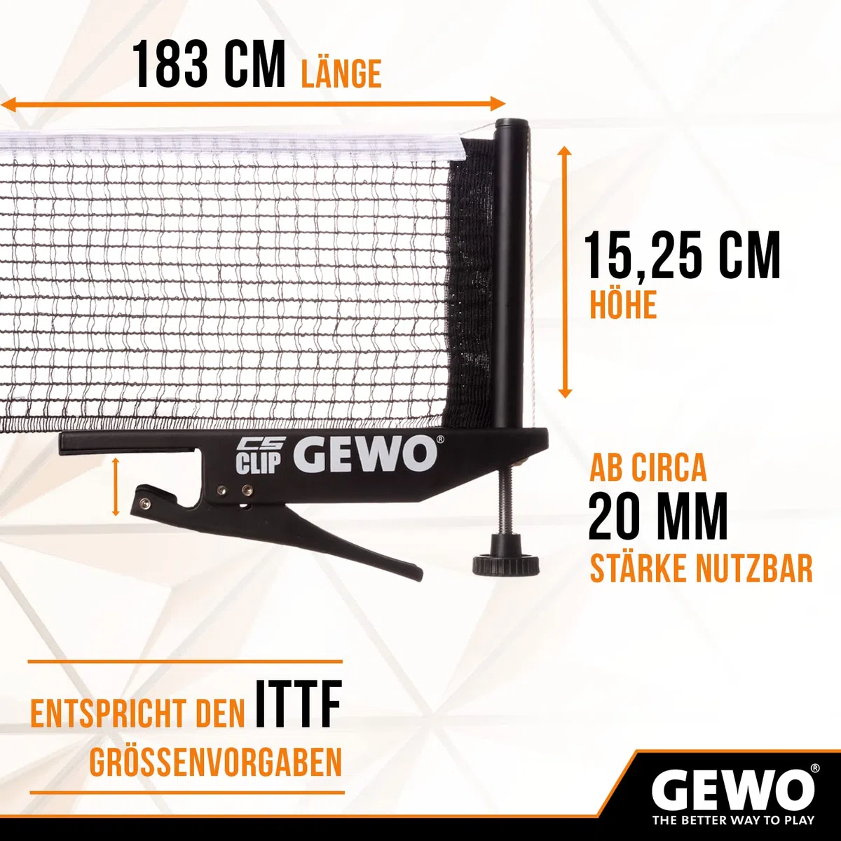 GEWO CS Clip - Red de Ping Pong para Mesa de Ping Pong, Resistente y Resistente, Juego de Metal para Sujetar con Tornillo de Ajuste de Altura y Estructura de Red Resistente, Color Negro, 152,5 cm de