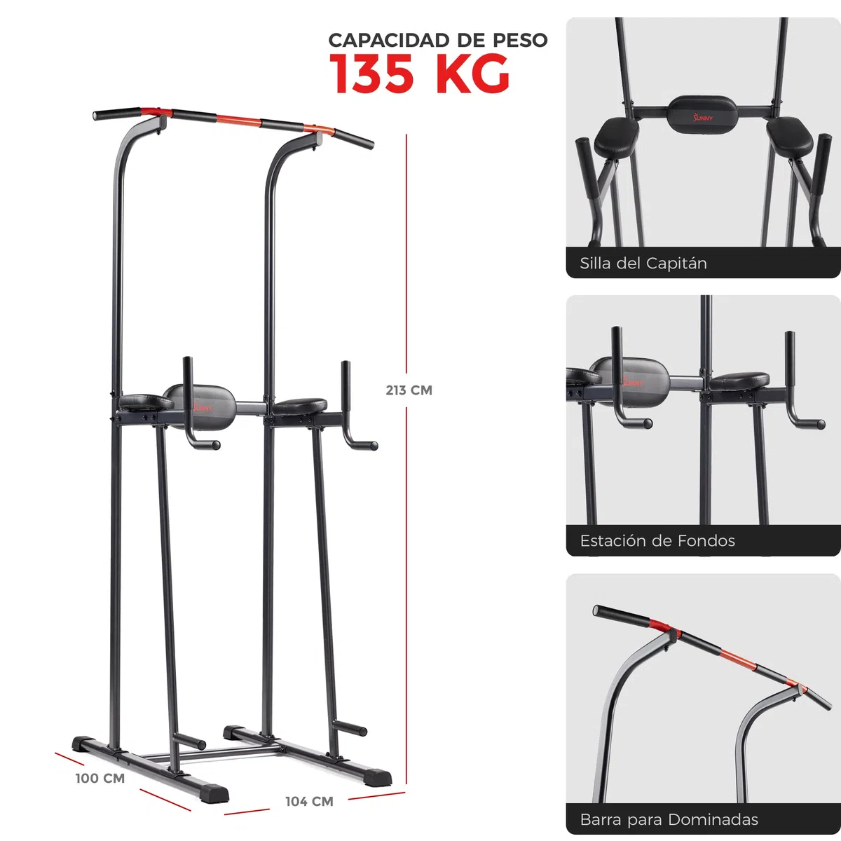 Sunny Health & Fitness Torre de Potencia, Barra para Fondos, Estación de Paralelas con Asistencia para Flexiones y Dominadas, con Agarre Opcional Tipo Escalada