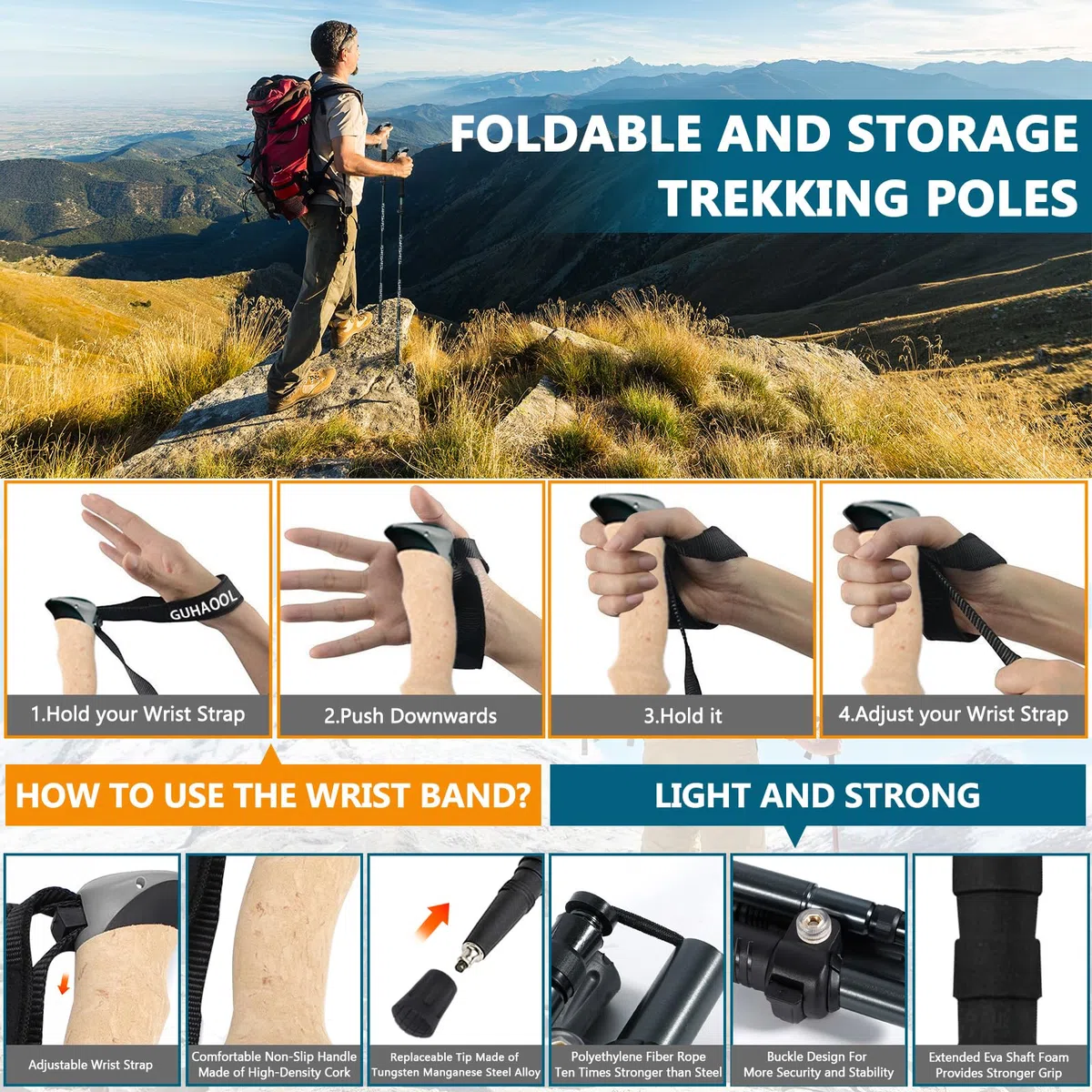 Bastones de Senderismo Bastones Trekking Plegables, 2pcs Bastones Trekking Carbono e Alluminio Plegables, Ligero de Aluminio 7075,Ajustar la Longitud 108-139CM,Nordic Walking,Caminar, Montaña