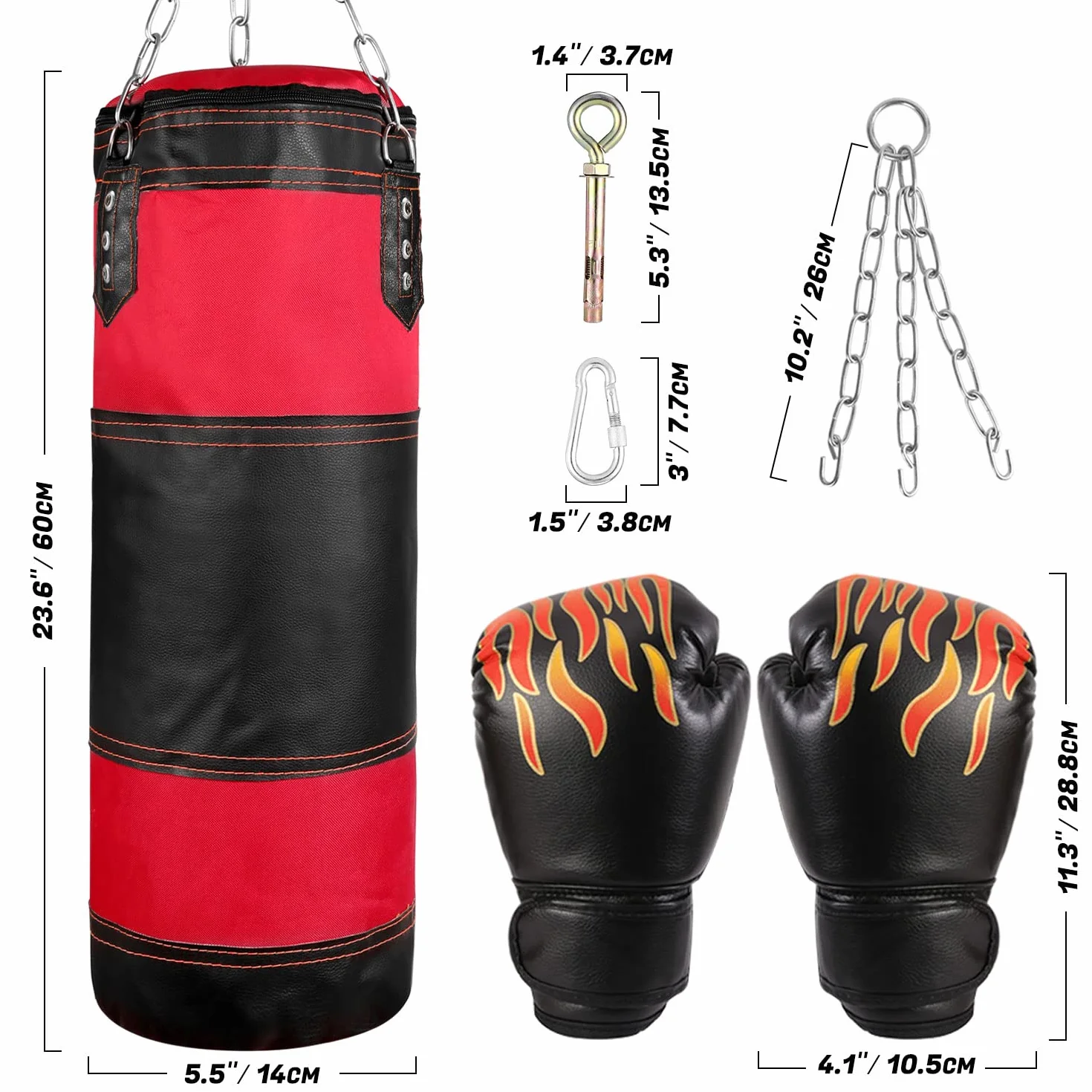 Odoland Saco de Boxeo Set 7-In-1 para Niños Sin Relleno, 2 pies/60 cm Saco de Boxeo Pesado con Guantes de Boxeo de 6 oz y Mangas Protectoras para Manos Cadenas para Colgar y Gancho