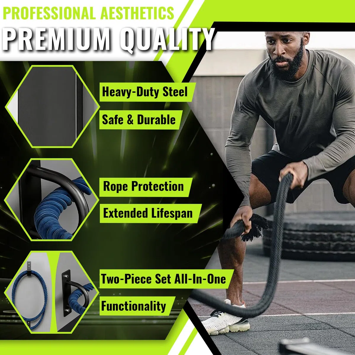 Soporte de Pared para Cuerda de Batalla, Kit de Anclaje de Pared con Cuerda de Combate con Gancho de Muro y Accesorios de Instalación para Sistemas de Entrenamiento de Fuerza, Sacos de Boxeo