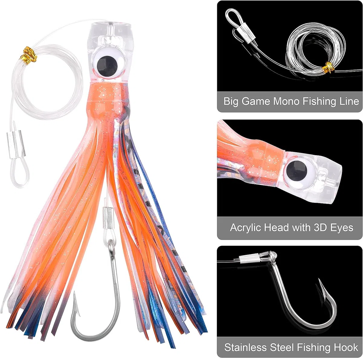 Señuelos de Pesca de Arrastre de Agua Salada de Caza Mayor para Mahi Marlin Atún Delfín Wahoo Tiburón Señuelos de Pesca de Aguas Profundas Aparejado con Faldas de Calamar Leader Hook