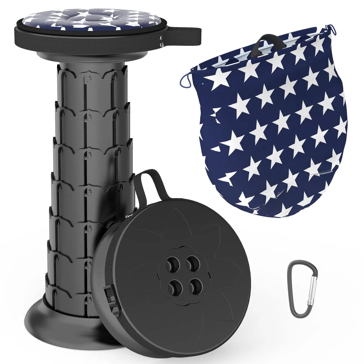 ALEVMOOM 52cm Taburetes de Acampada con Cojín,Capacidad más Robusta 200Kg,Taburete Telescópico Portátil,Heces Plegables,Heces Retráctiles,para Excursionismo Jardín Barbacoa con Bolsa&Mosquetón