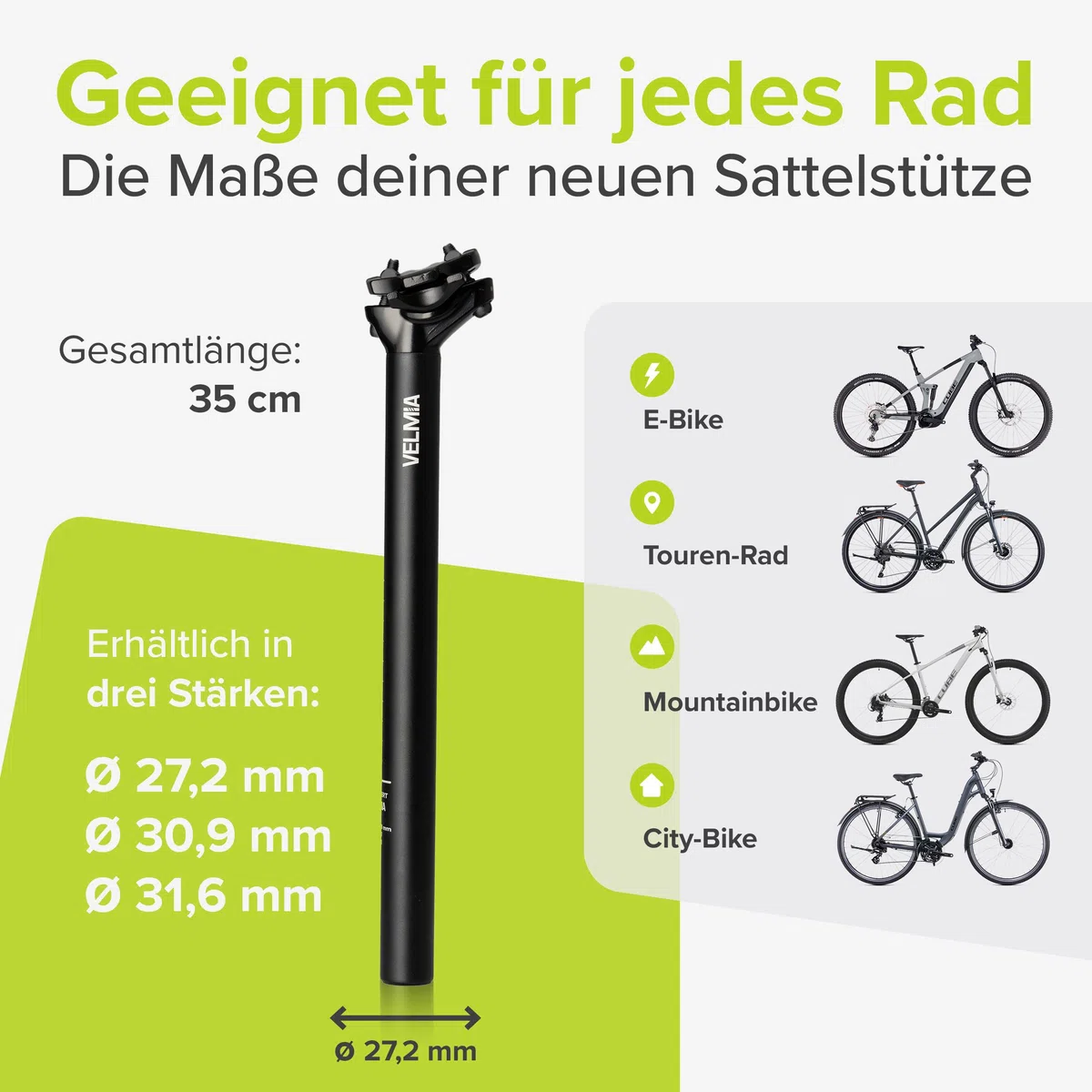 Tija de sillín VELMIA 27.2-31.6mm - Fácil Montaje y Ajuste de Altura - Tija de sillín de Aluminio - para e-Bikes, MTB, Trekking - Tija de sillín Duradera y fiable con suspensión