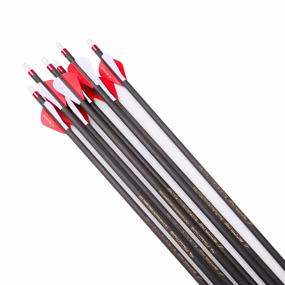6/12pc Longitud Personalizada Flechas de Carbono 300/350/400/500/600/700/800 Spine Punta Extraíble 2" Pluma de Plástico Flecha de Puntería Flecha de Caza para Arco Recurvo Arco Compuesto Tiro con Arco