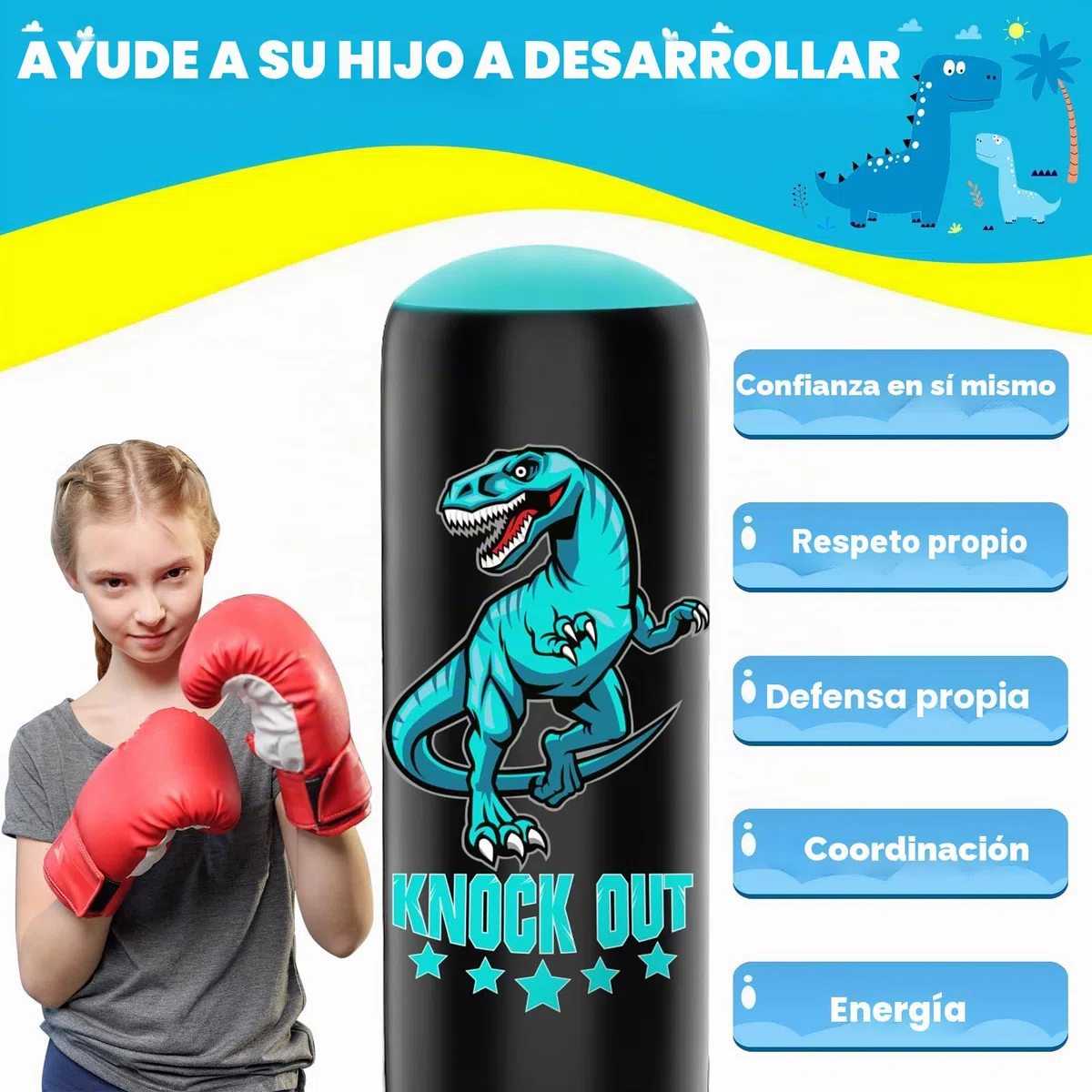 Saco de Boxeo niños, Juego de Saco Boxeo Independiente de 160 cm con Guantes de Boxeo,Feroz Dinosaurio Deportivo Inflable Saco de Kickboxing para Entrenamiento de kárate Taekwondo MMA