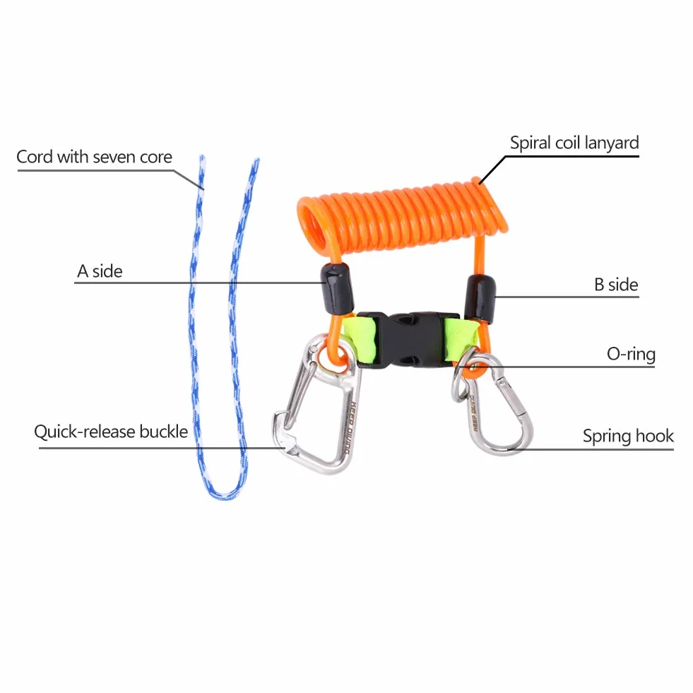 Keenso Cuerda Elástico para Buceo, Conjunto Estirado, Enganche Metálico y Mosquetón(Naranja)