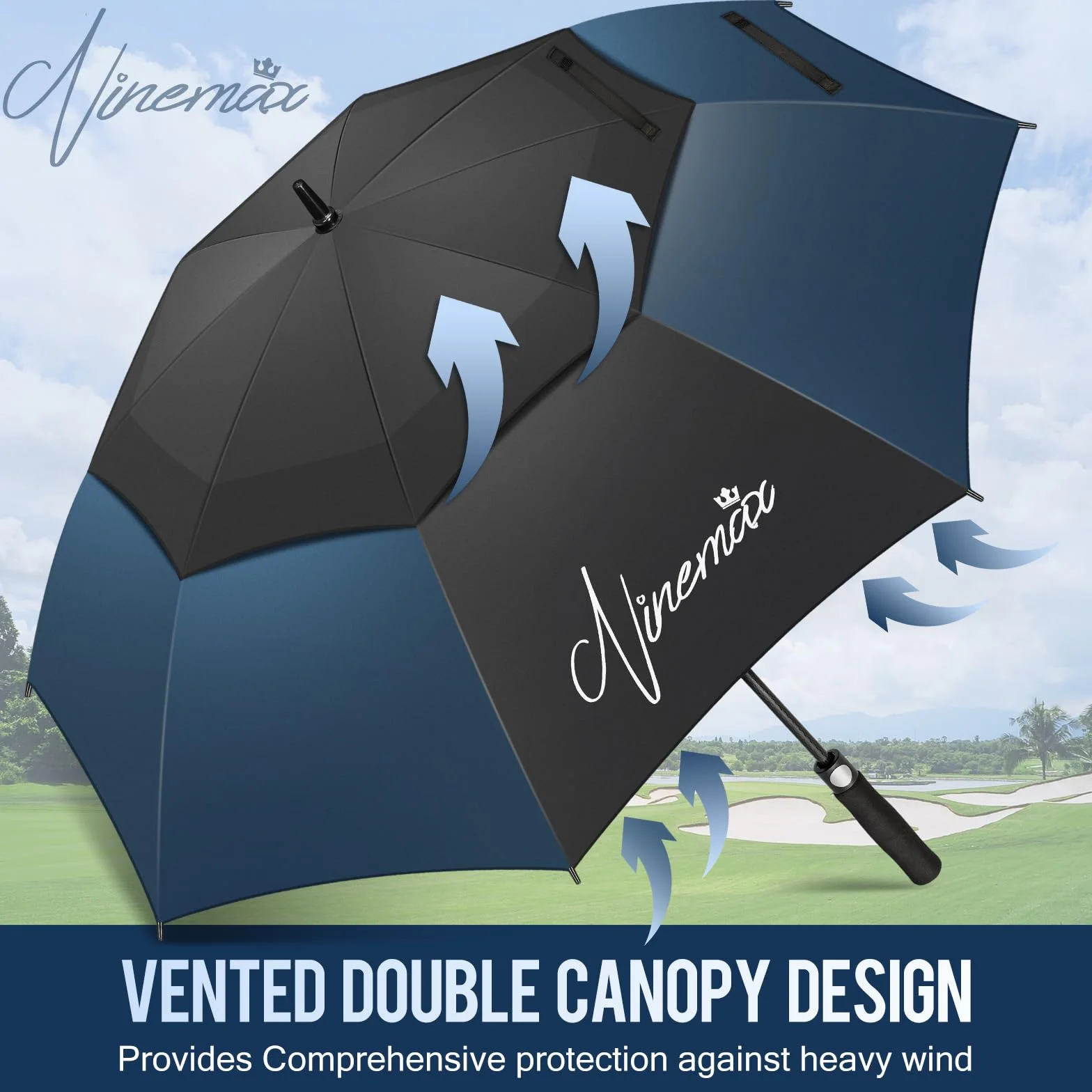 NINEMAX Paraguas Grande Antiviento, Paraguas Golf Grandes XL/XXL, Umbrella Extra Grande Resistente Al Viento Fuerte para Mujer Hombre