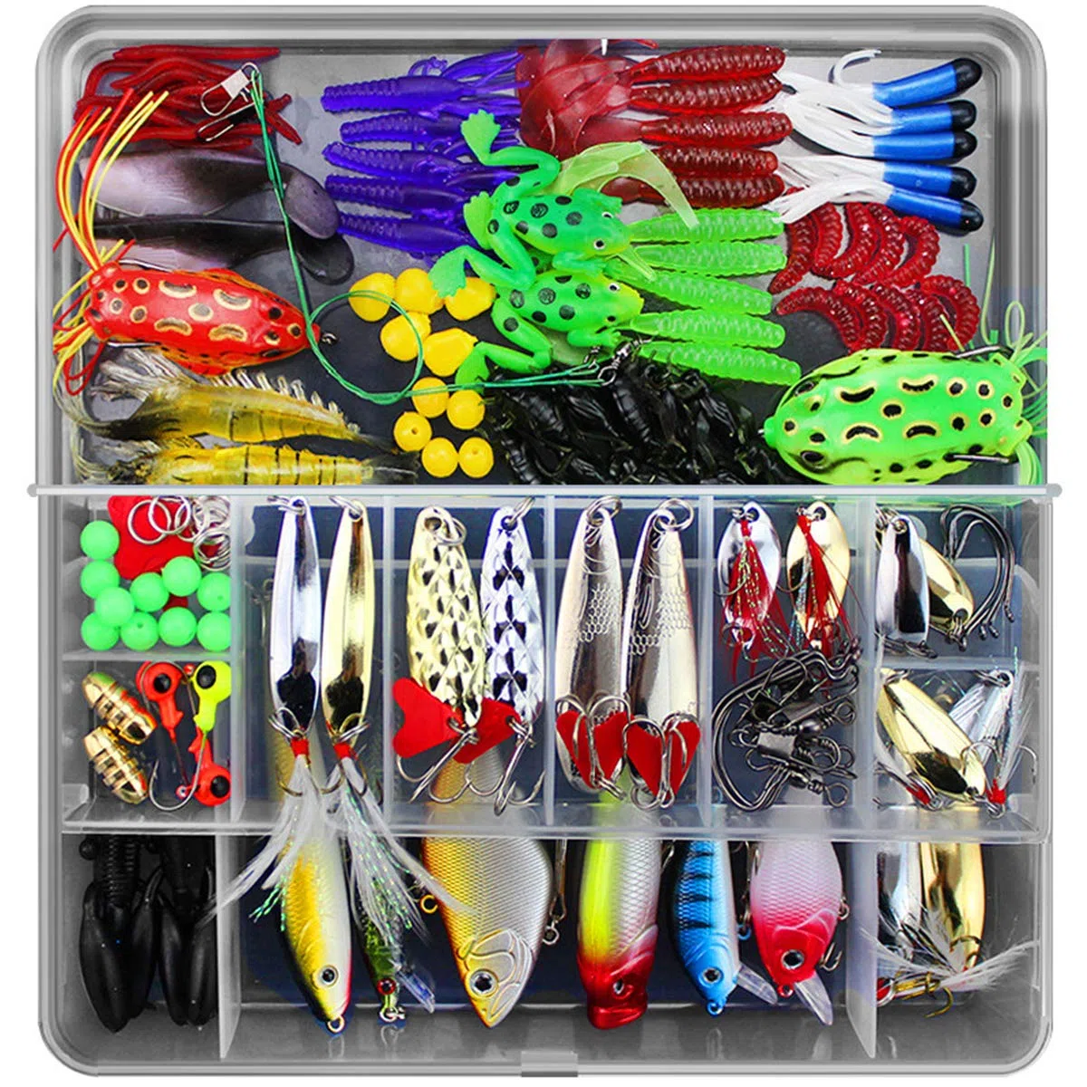 RoseFlower Kits de señuelos para Pesca Cebos Artificiales de Pesca Cebo Duros/Suaves Incluye Ranas, Giratorios, Cuchara, Manivela Anzuelos - Pesca Accesorios para Pesca de Trucha, Bagre y Lucio