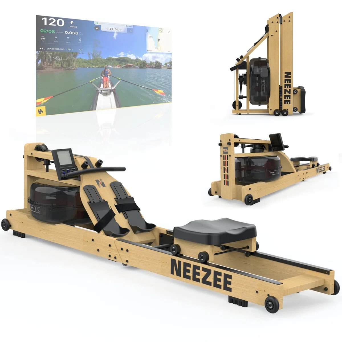 Neezee Wasser Rudergerät für Zuhause, Klappbar Rudergerät aus Massivholz, Rudermaschine mit Bluetooth Anzeige und Tablet-Halterung, MAX 200kg Belastbar, Kompatibel mit Kinomap App