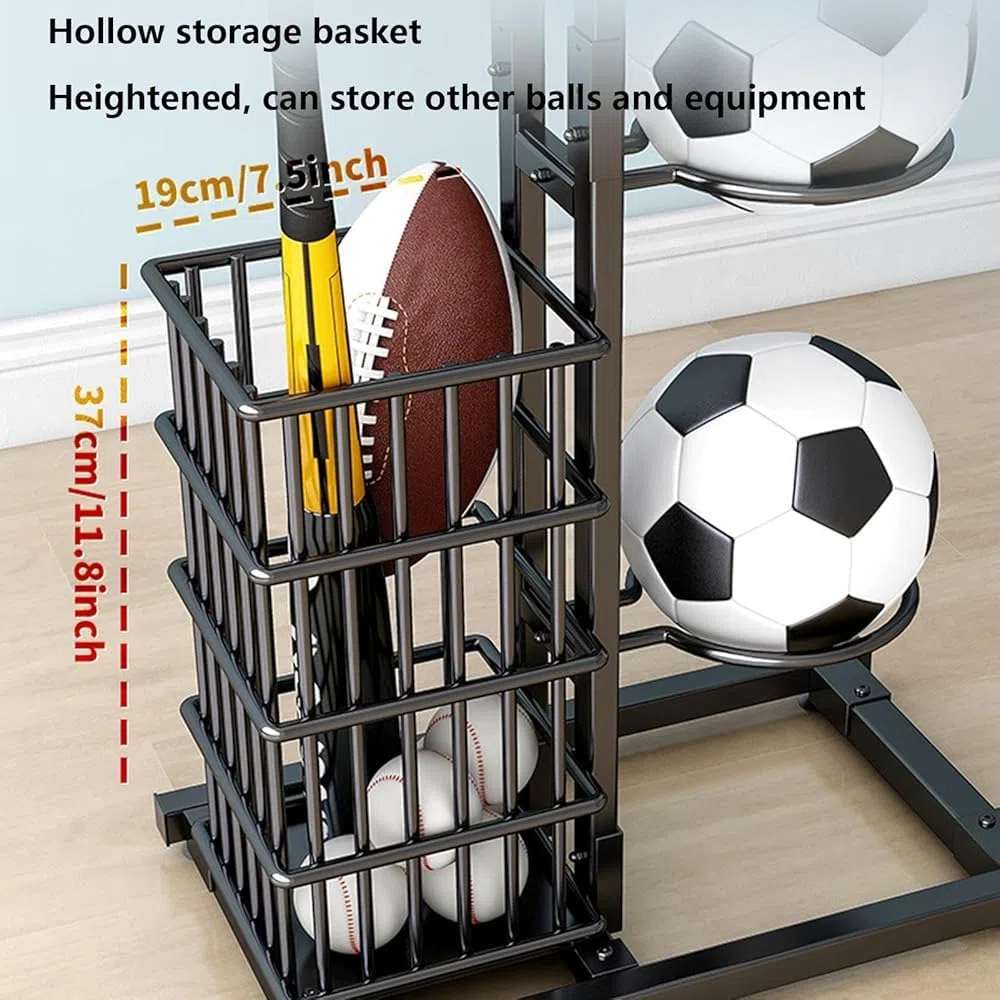 Estante de almacenamiento para balones de fútbol, baloncesto, voleibol, fútbol, equipo deportivo, organizador con cesta para garaje o gimnasio
