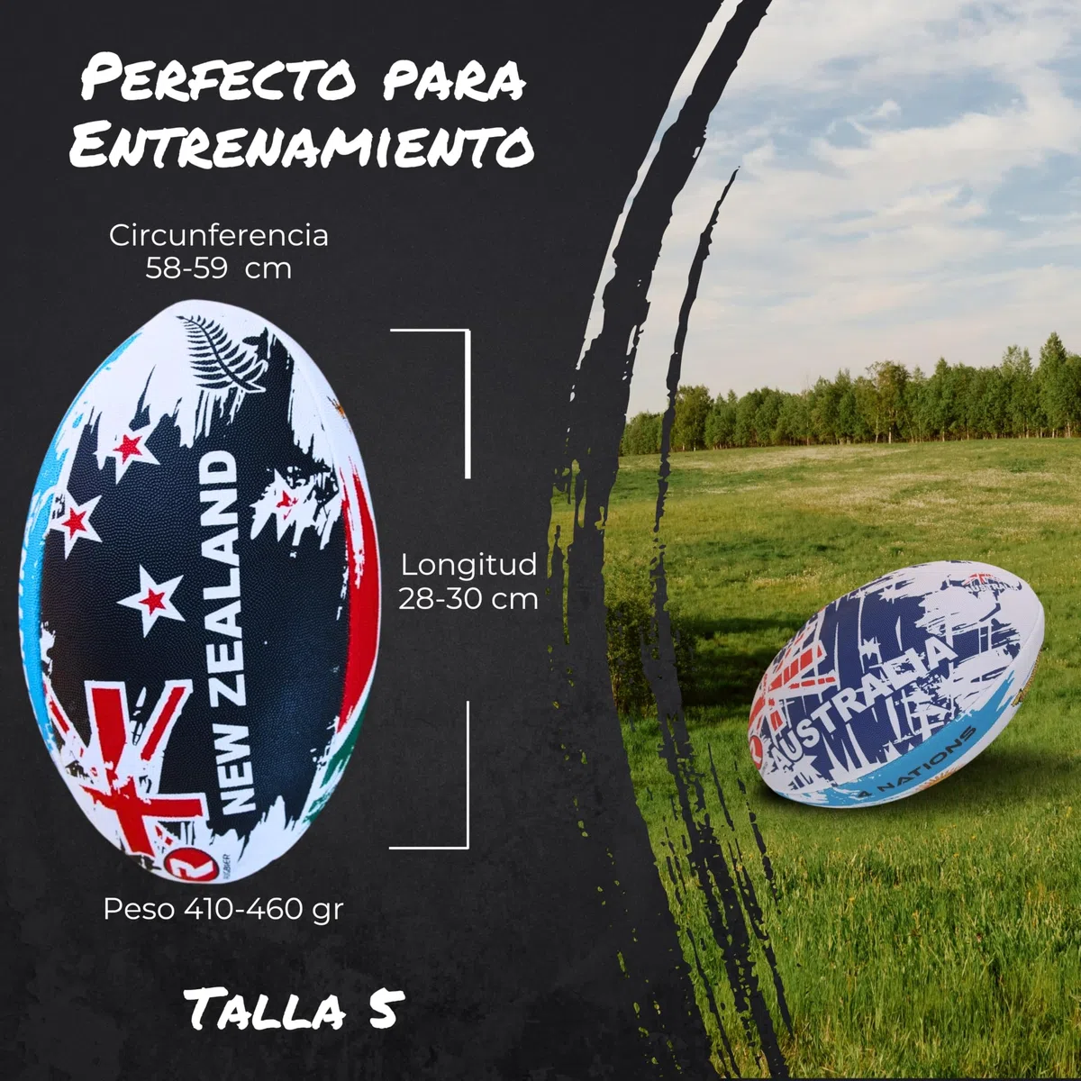 Balón de Entrenamiento para Rugby - Talla 5 Training – Alta Gama - Entrenamiento y Juego - Categorías Masculinas y Equipos Senior – 4 Naciones