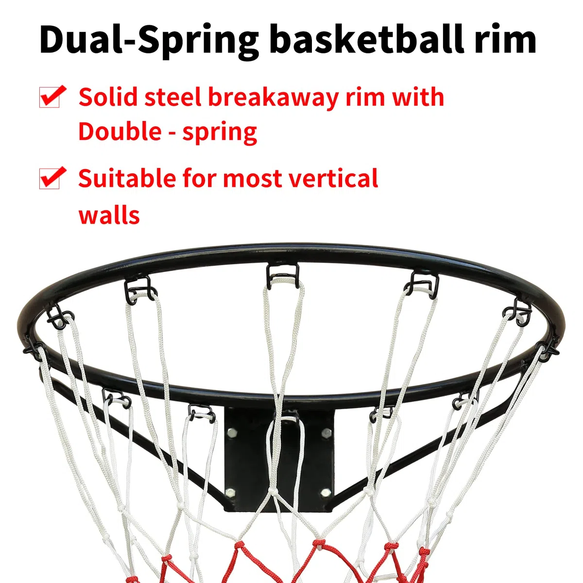 Anillo sólido de baloncesto profesional (45 cm), red de aro y fijaciones de pared, adecuado para adultos y niños, interior y exterior, color negro