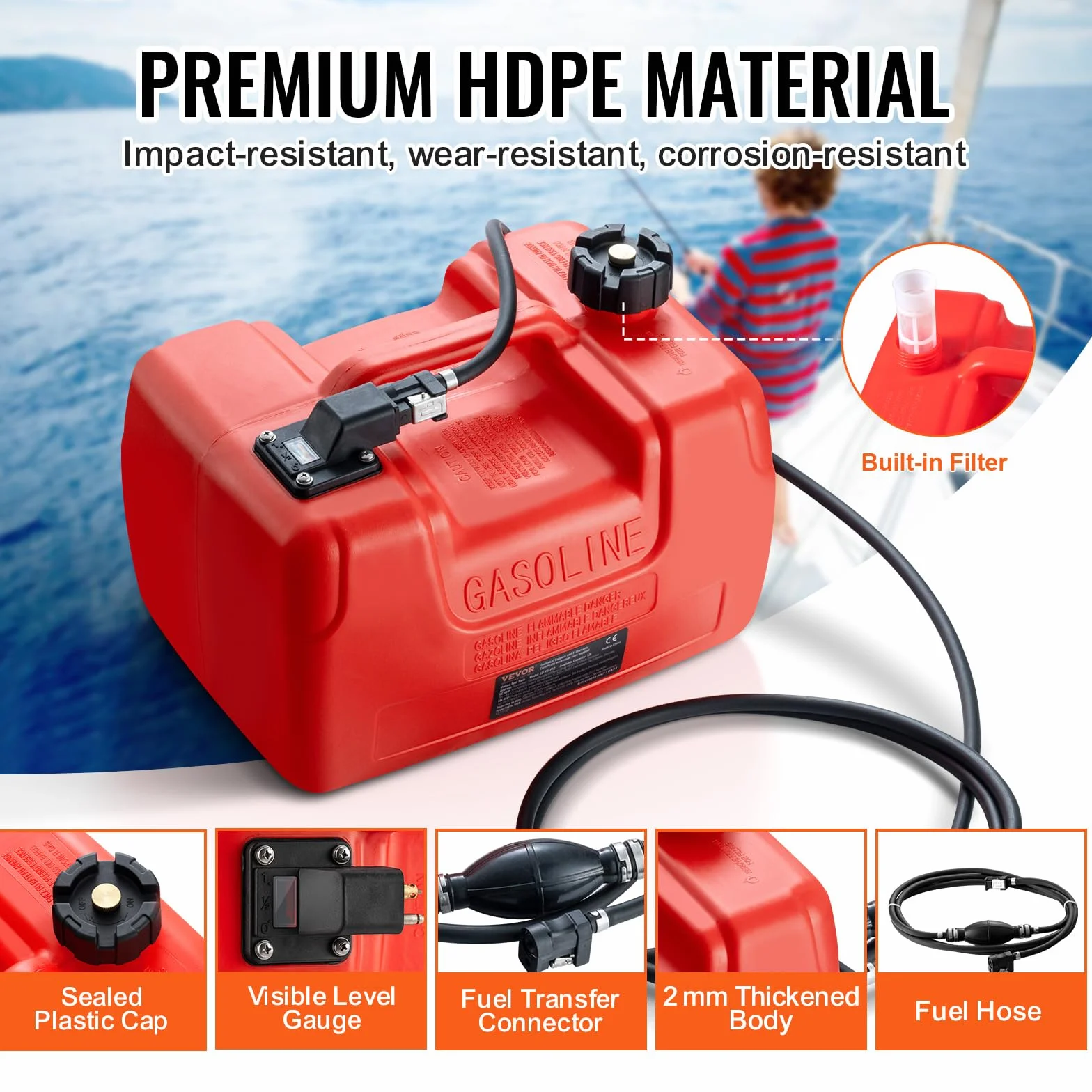 VEVOR Tanque de Combustible Marino, 12 L Tanque de Combustible Portátil para Barcos con Motor Fueraborda Tanque de Combustible de Plástico para Barcos Marinos con Manguera, Fácil de Traer