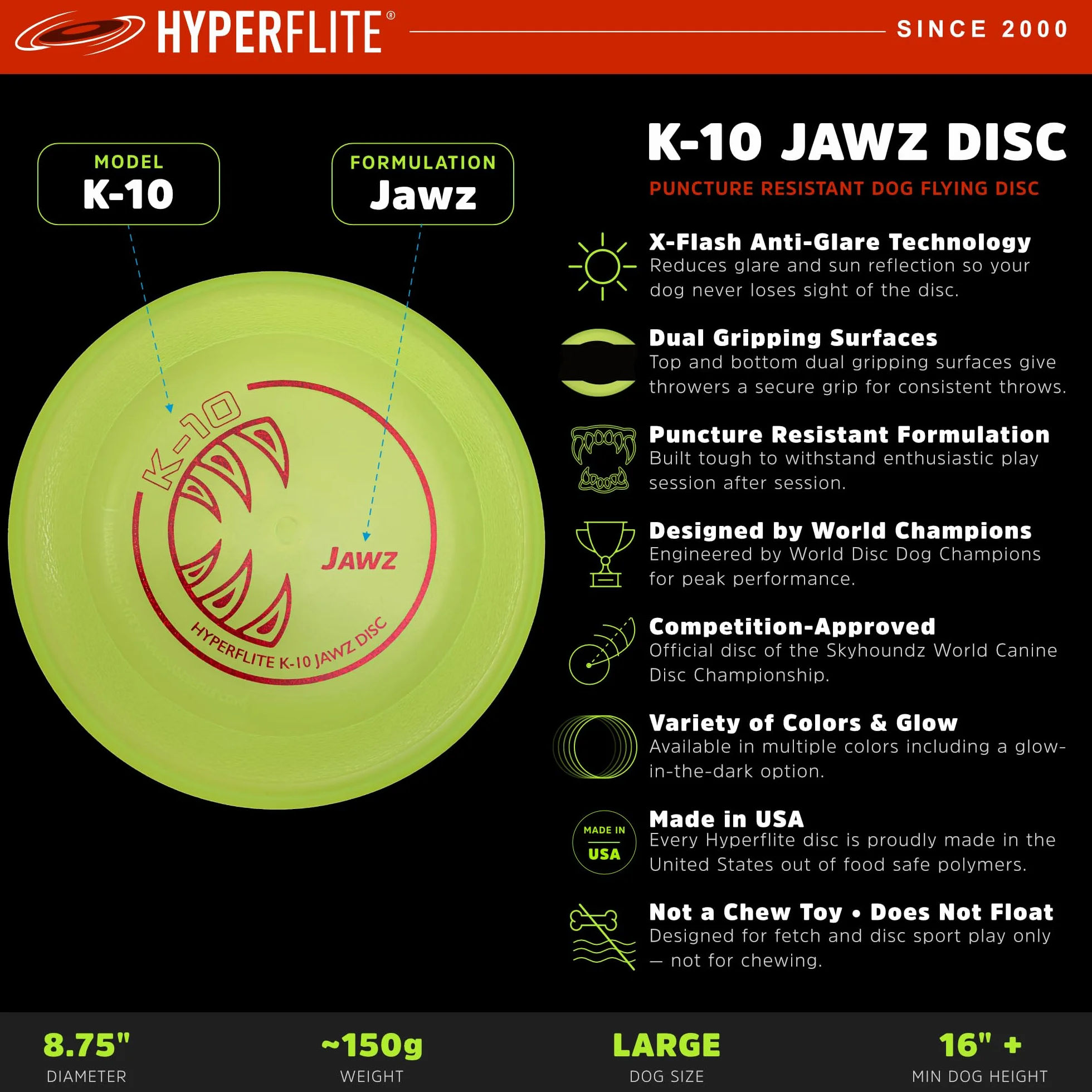 Hyperflite Disco volador K-10 Jawz Dog • Disco volador canino más resistente del mundo aprobado por la competencia • El mejor disco volador de competición para mascotas • Resistente a pinchazos • 8.75