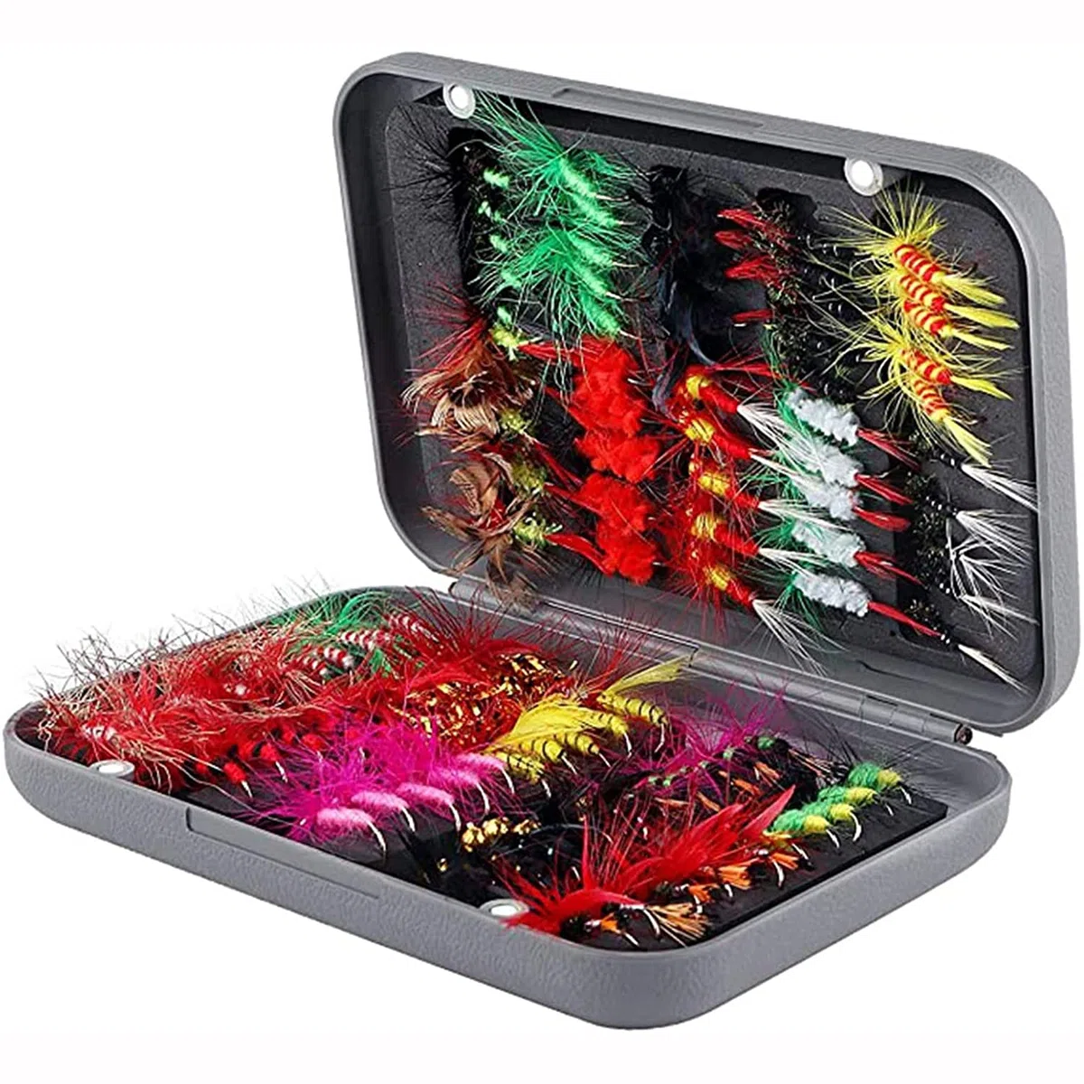 Kit de pesca con mosca de 100 piezas, surtido de moscas secas y húmedas con caja impermeable para pesca de truchas