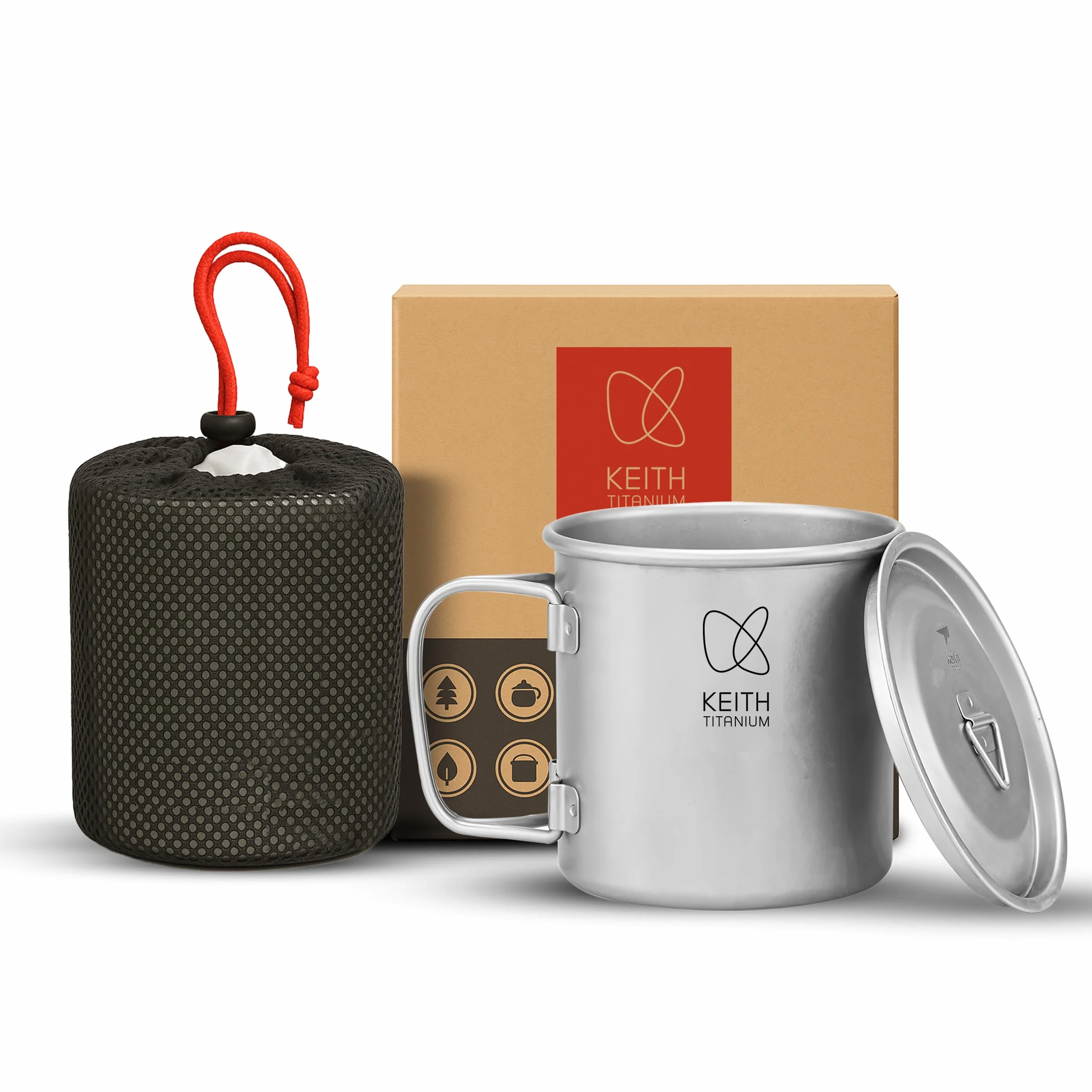 Keith Titanium Taza de Titanio de 450 ml de Una Sola Capa, Ti3204, Taza de Café Portátil con Tapa y Asa Plegable, Vajilla Portátil para Té y Café, Ideal para Camping, Picnic, Mochilero y Senderismo