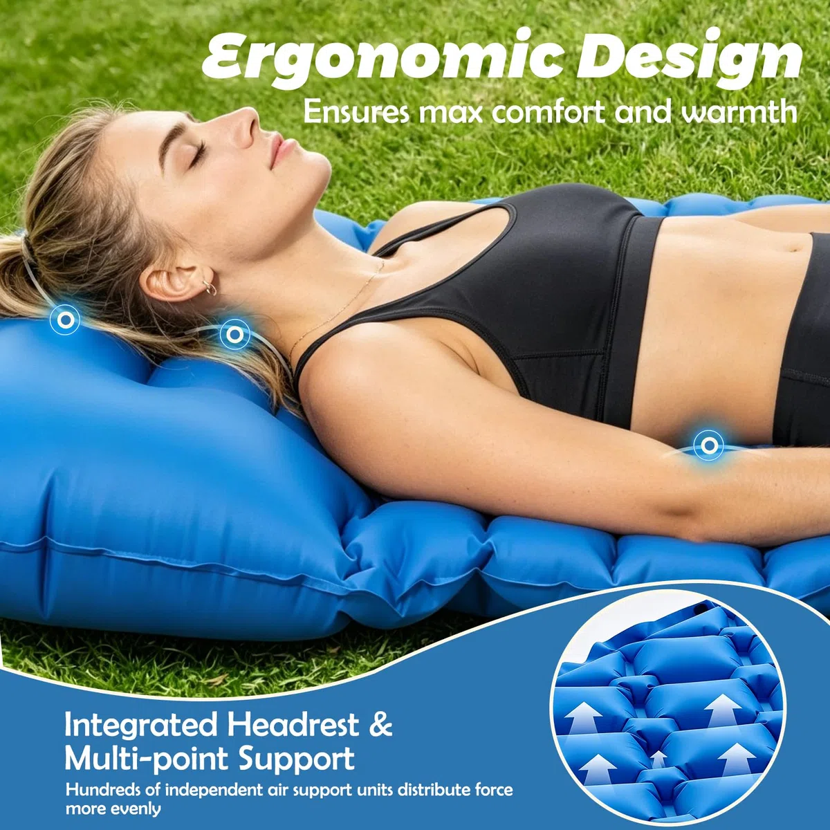 Esterilla Camping Inflable, Ultraligero Colchoneta Camping con Bomba de Pie, Compacta y Portátil para Mochila, Senderismo y Actividades al Aire Libre