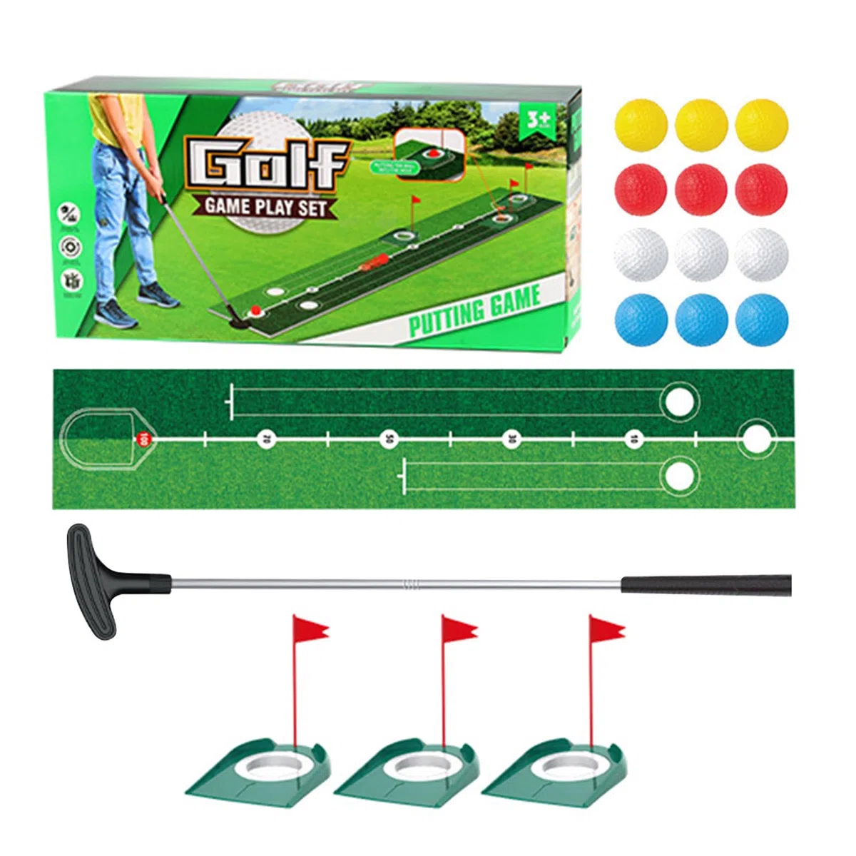 Tapete De Putt De Golf,Kit de Entrenamiento de Golf | Equipo Portátil con Palos, Hoyo y Bolas para Niños y Adultos en Interior, Exterior, Jardín y Camping