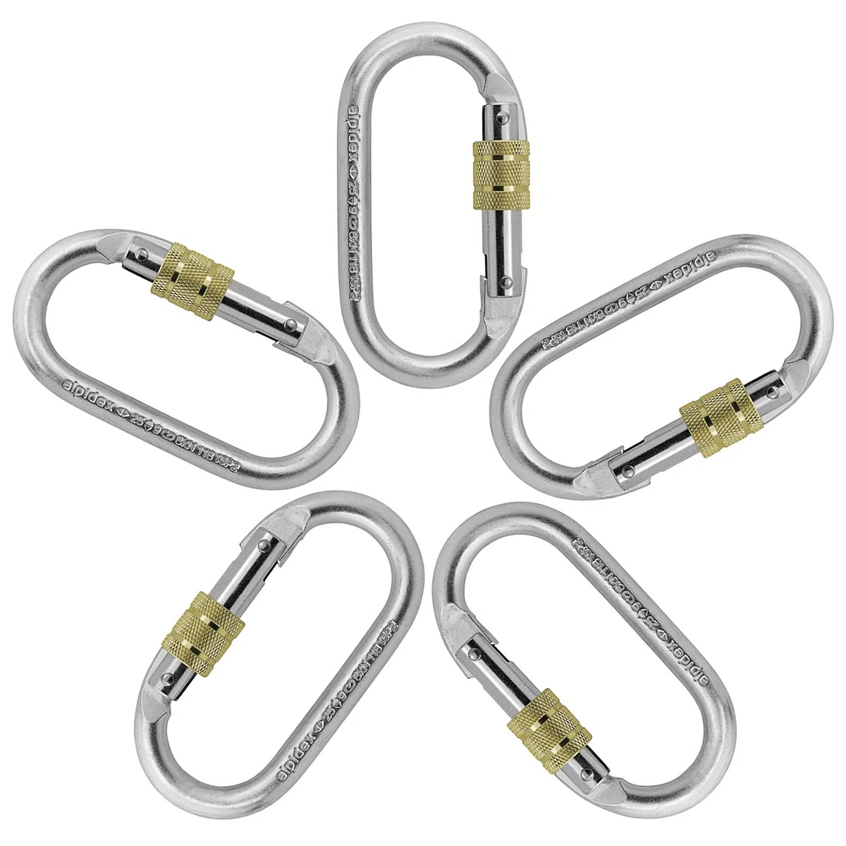 ALPIDEX Set de 5 Mosquetones de Acero Ovalados Mosquetón de Rosca – 25 kN – Probados según EN 362 & EN 12275 – Mosquetón para Escalada y Seguridad Laboral