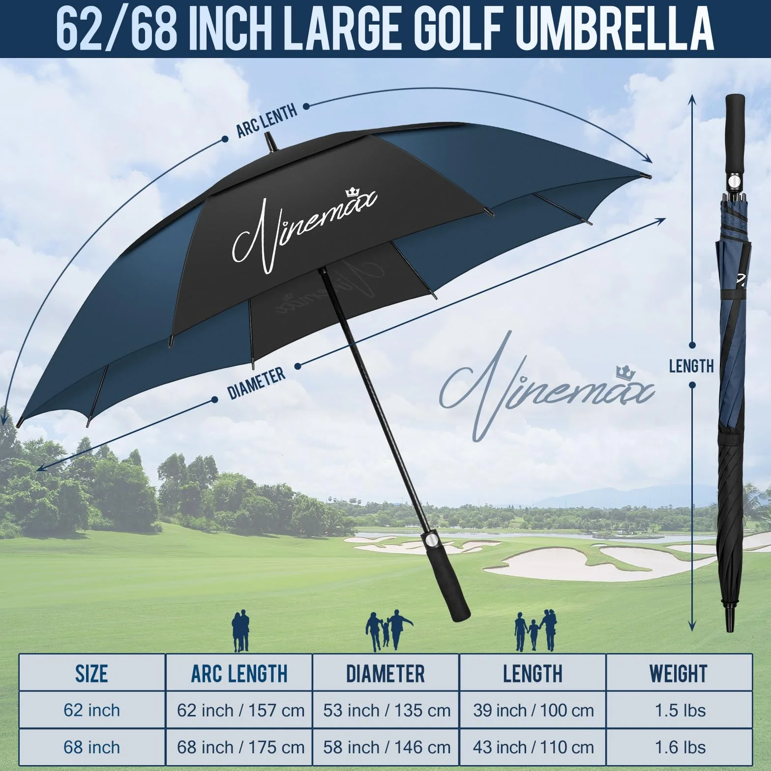 NINEMAX Paraguas Grande Antiviento, Paraguas Golf Grandes XL/XXL, Umbrella Extra Grande Resistente Al Viento Fuerte para Mujer Hombre