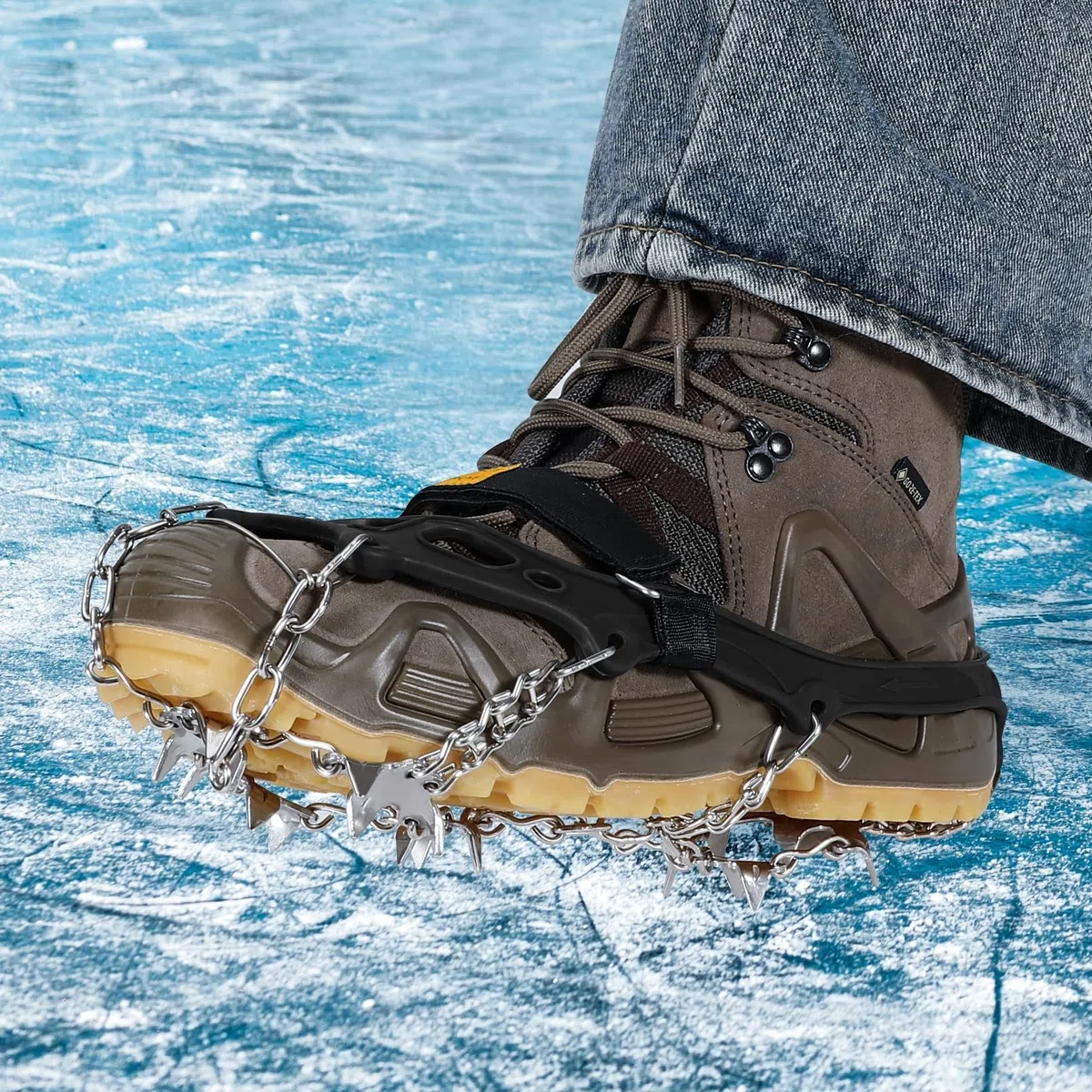 Crampones para Botas de Senderismo, 19 Dientes Crampones Acero Inoxidable Antideslizante Zapatos, Portátiles Crampones para Caminar, Senderismo, Escalada, Pesca y Montañismo