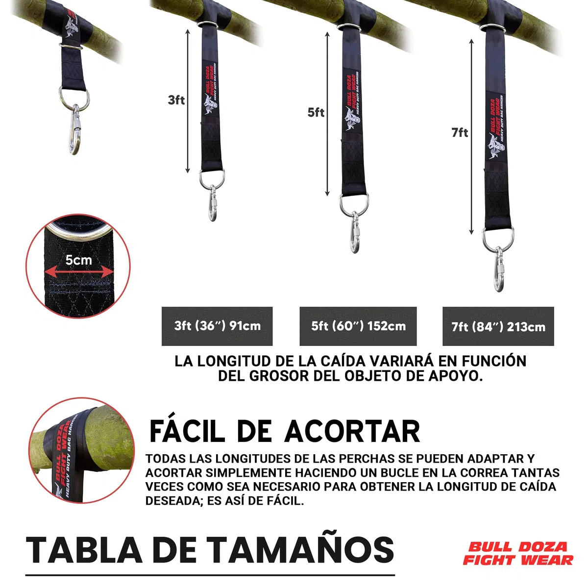 Bull Doza Fight Wear Correa Colgante de Saco de Boxeo – Silenciosa, Fuerte, Antideslizante, Disponible en 3 Longitudes