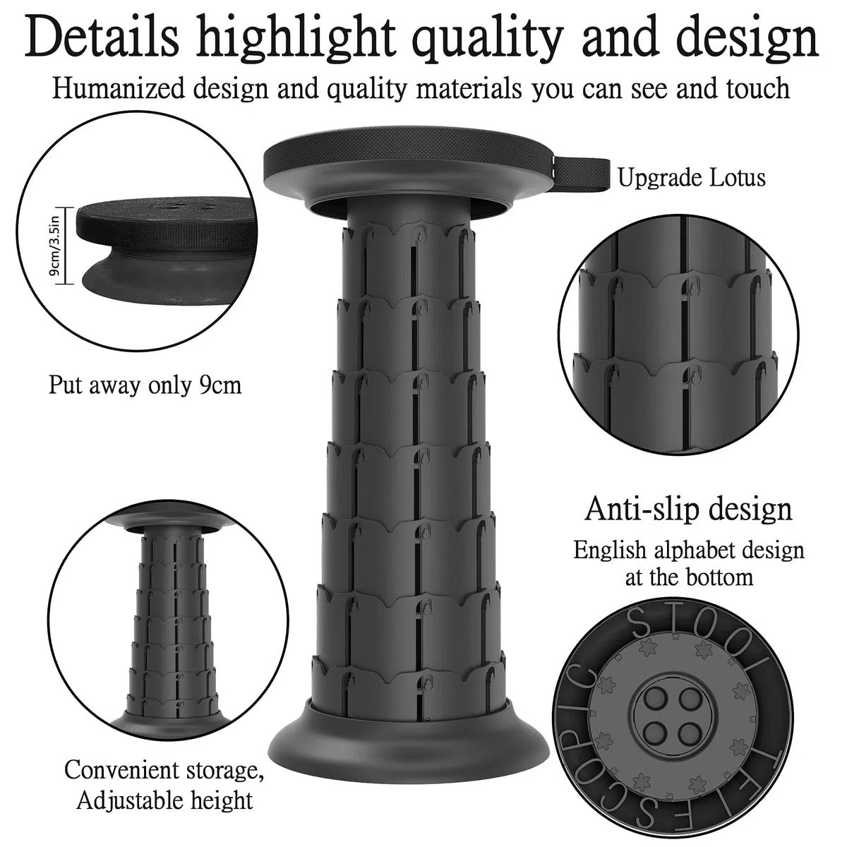 ALEVMOOM 52cm Taburetes de Acampada con Cojín,Capacidad más Robusta 200Kg,Taburete Telescópico Portátil,Heces Plegables,Heces Retráctiles,para Excursionismo Jardín Barbacoa con Bolsa&Mosquetón