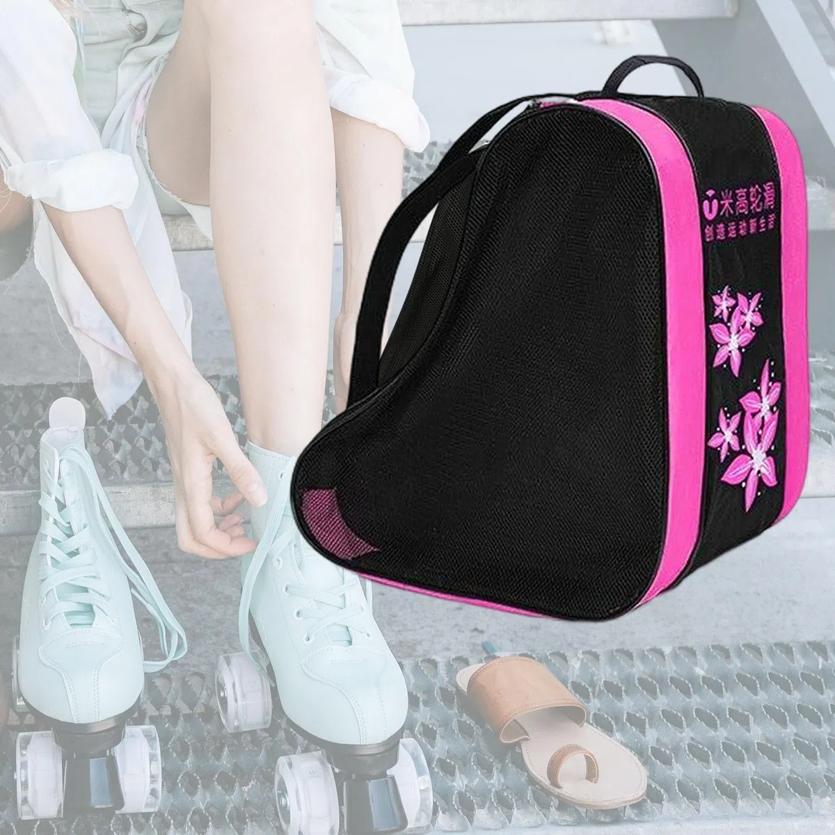 Perfeclan Bolsa de Patinaje, Unisex Transpirable, Bolsa de Transporte, Correa de Hombro Ajustable, Bolsa de Almacenamiento, Accesorios para Patines, Rosado