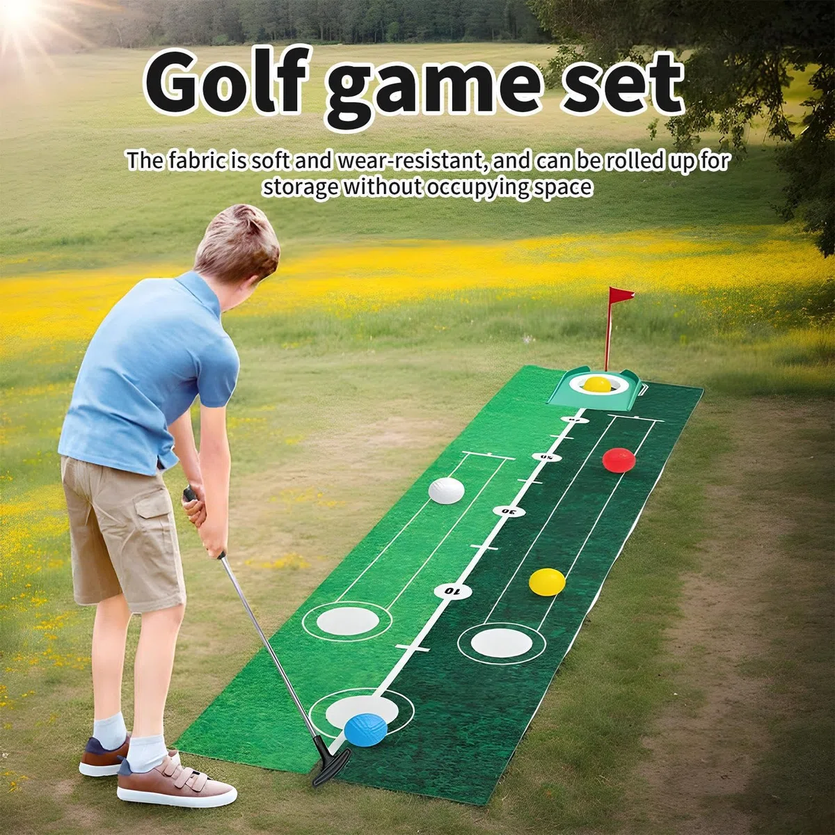 Tapete De Putt De Golf,Kit de Entrenamiento de Golf | Equipo Portátil con Palos, Hoyo y Bolas para Niños y Adultos en Interior, Exterior, Jardín y Camping